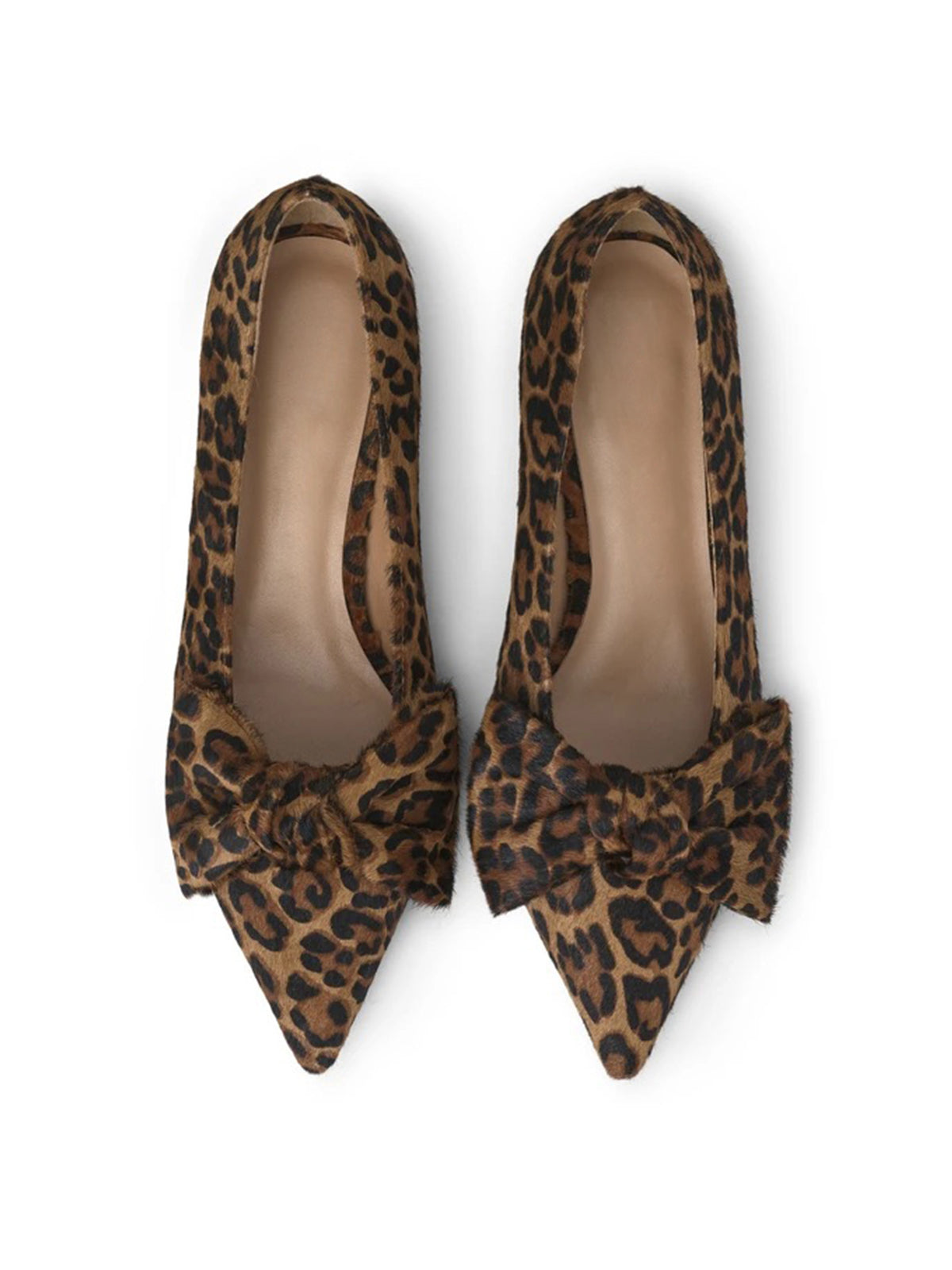 Leopard Print Pointed-Toe Front Oversized Bow Slip-On Kitten Heels