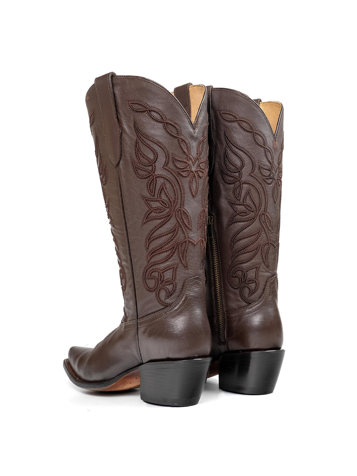 Brown Snip-Toe Chic Embroidery Half-Zip Western Mid Calf Cowgirl Boots