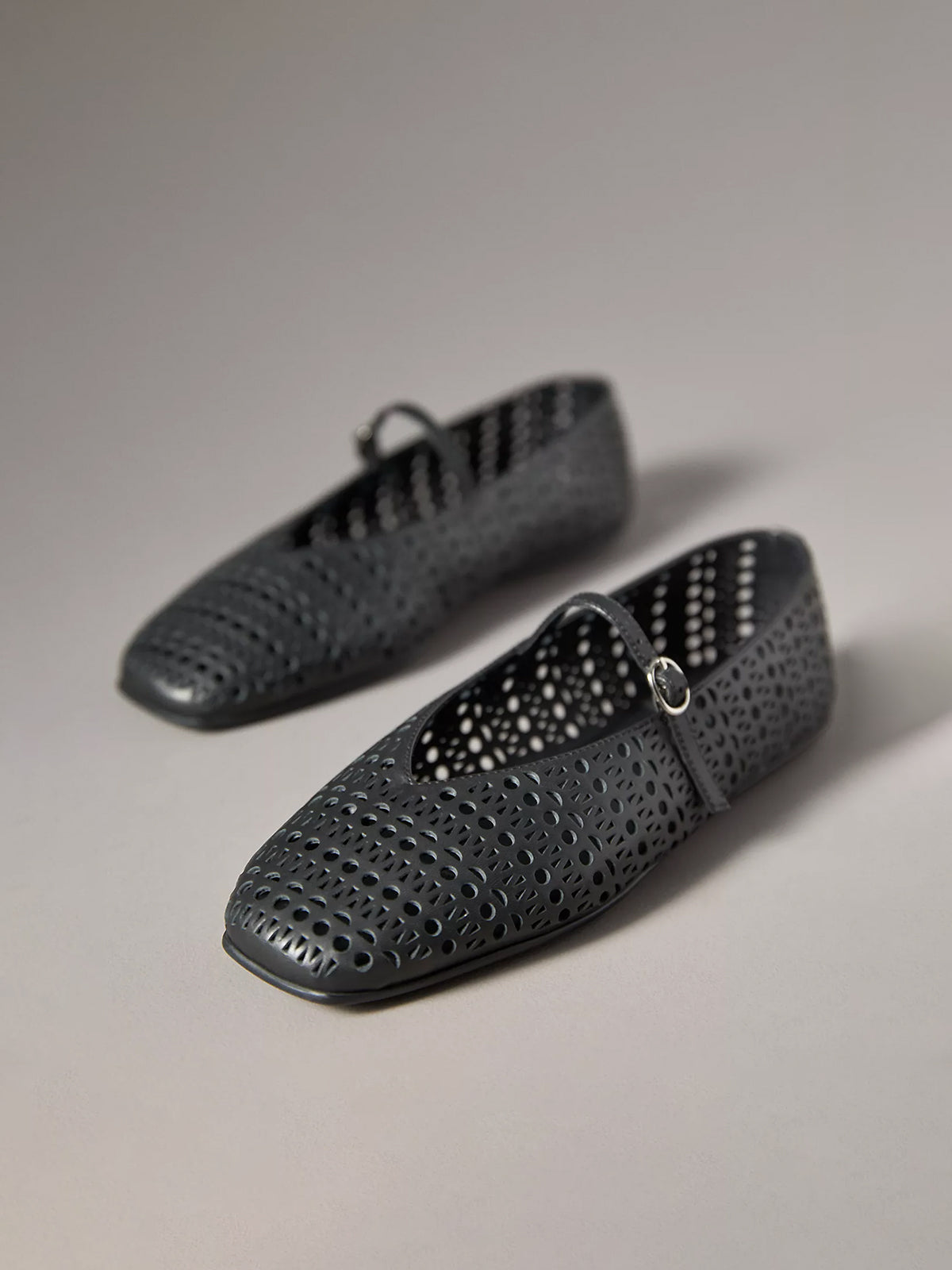 Black Square-Toe Bridge Strap Eyelet Mary Jane Flats