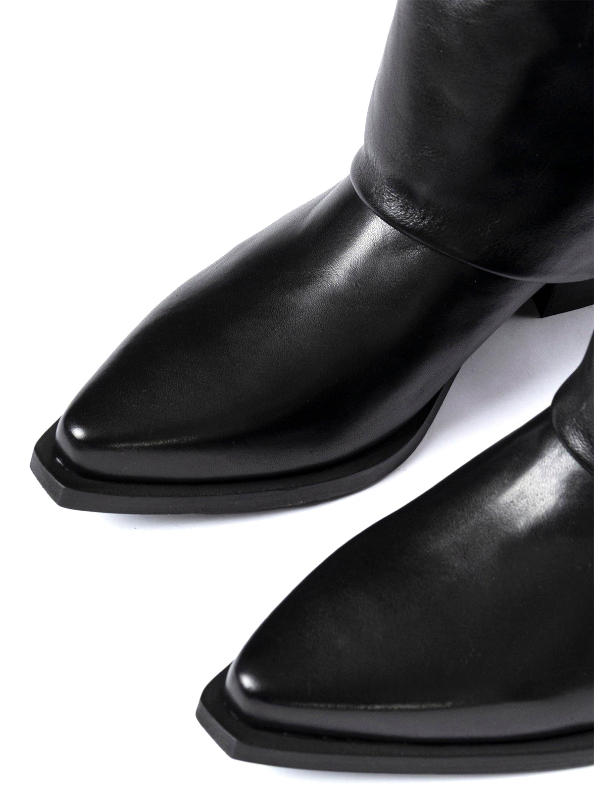 Black Snip-Toe Fold-Over Back Studs Wide Calf Knee High Cowgirl Boots