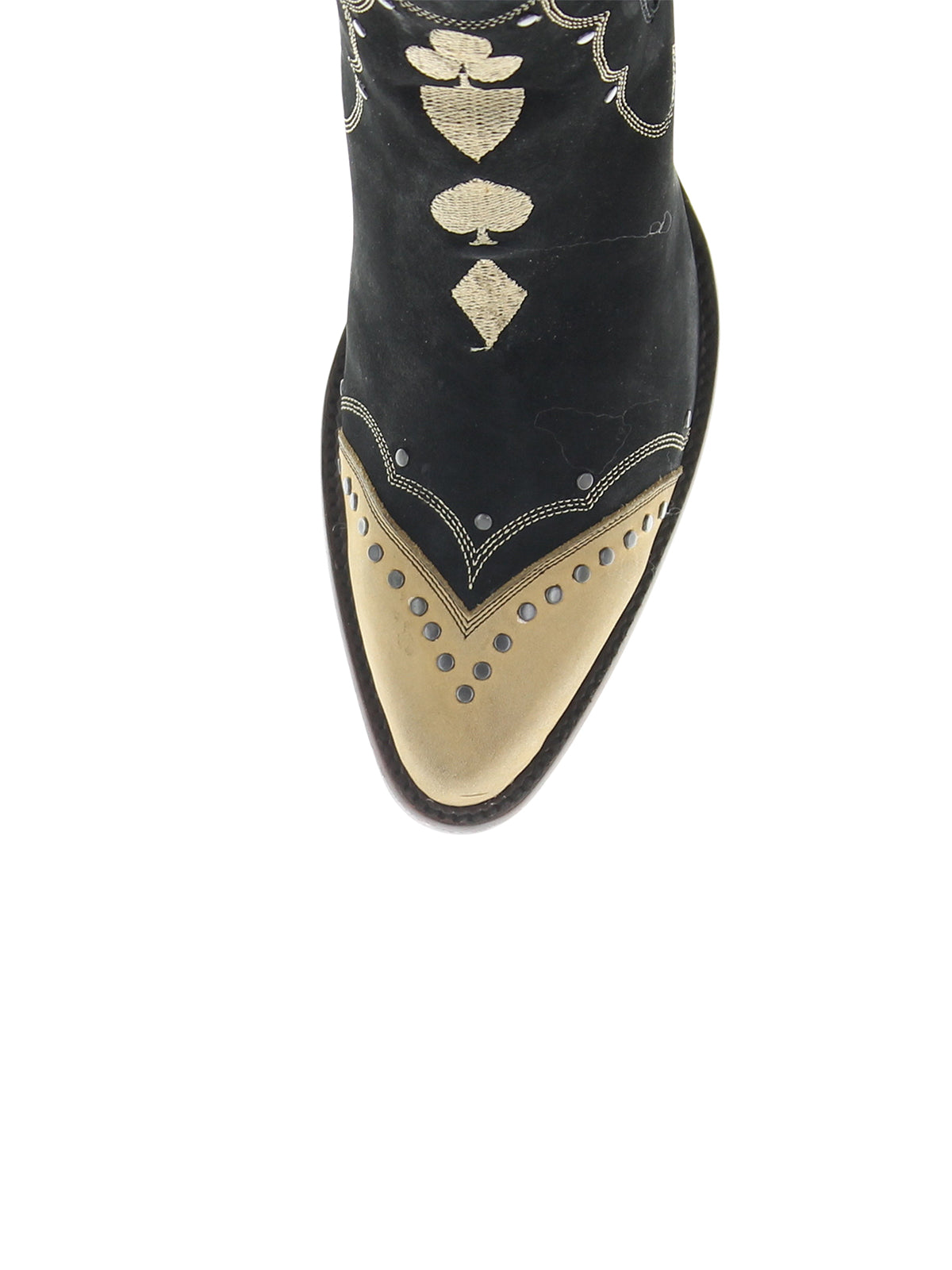 Contrast Black And Tan Almond-Toe Playing Card Embroidery Studs Ankle Cowgirl Boots