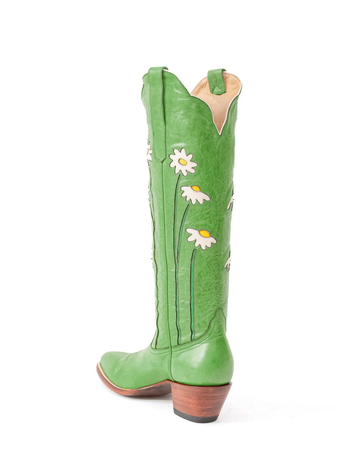 Green Almond-Toe Wide Calf Western Boots Knee High Tall Boots With Floral Inlay