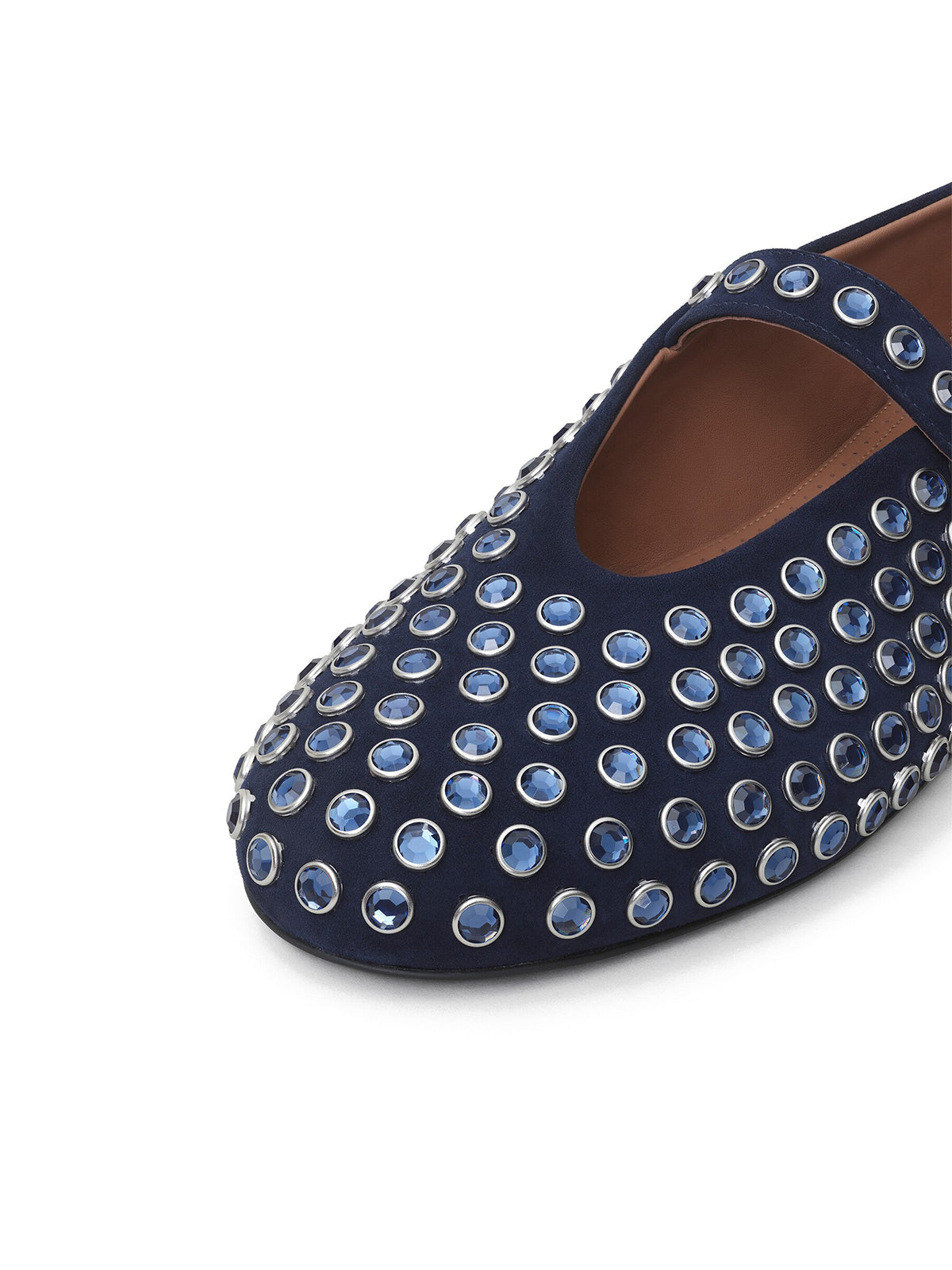 Dark Blue Faux Suede Round-Toe Mary Jane Ballet Flats With Rhinestone