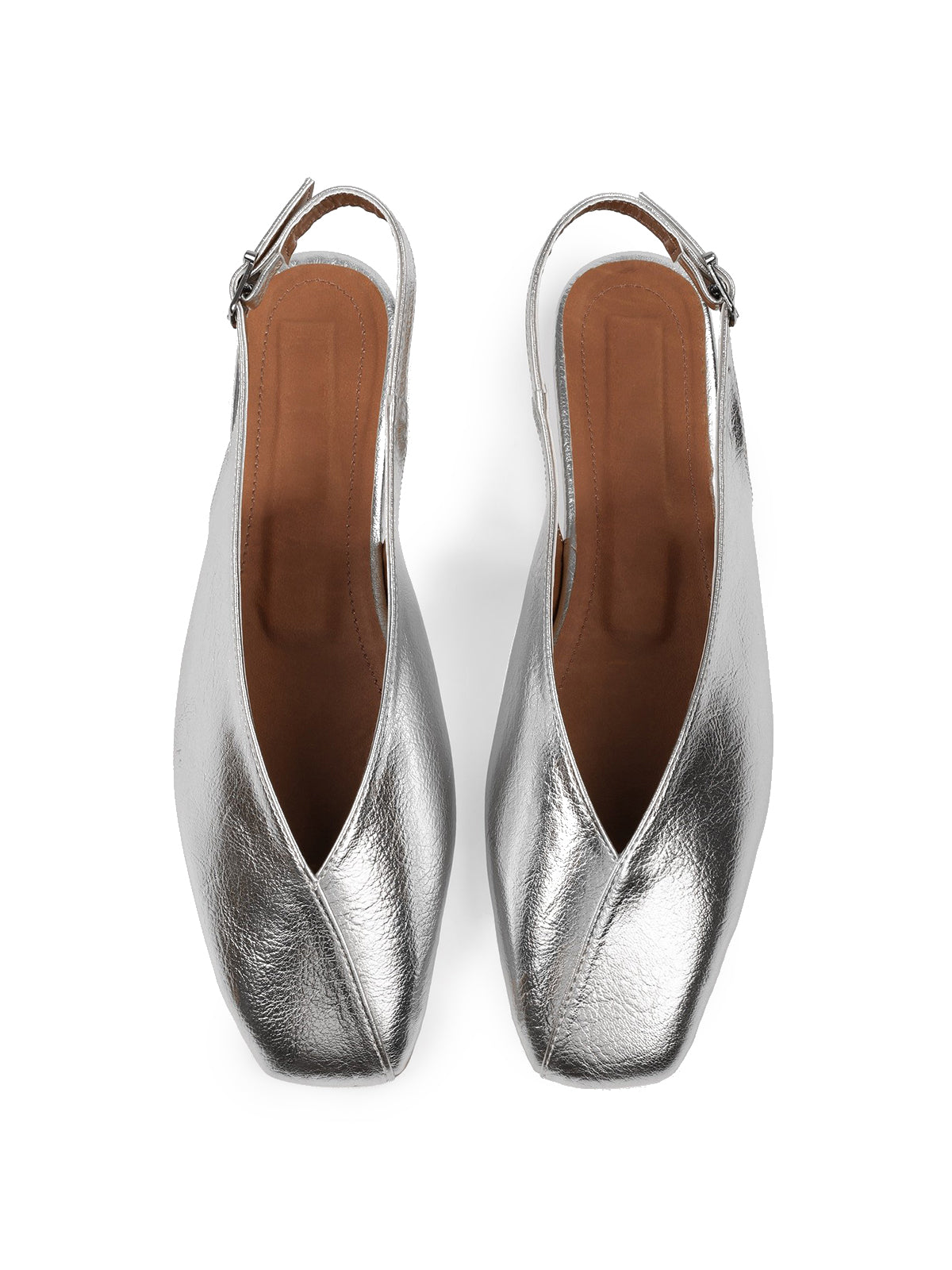 Metallic Silver Square-Toe Classic Buckle Back Strap Slip-On Flats