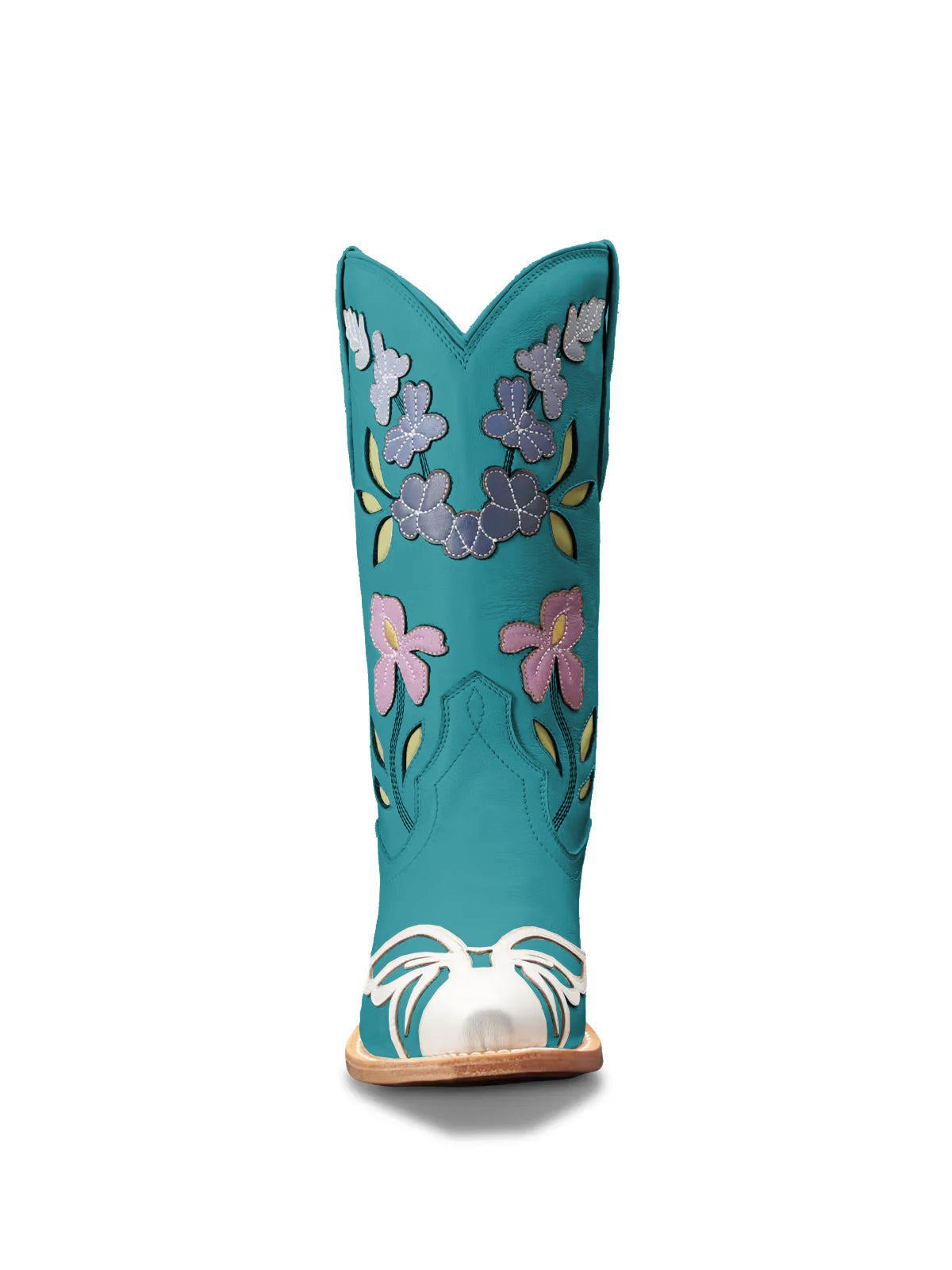 Teal Snip-Toe Flower Applique Mid Calf Pull On Cowgirl Boots