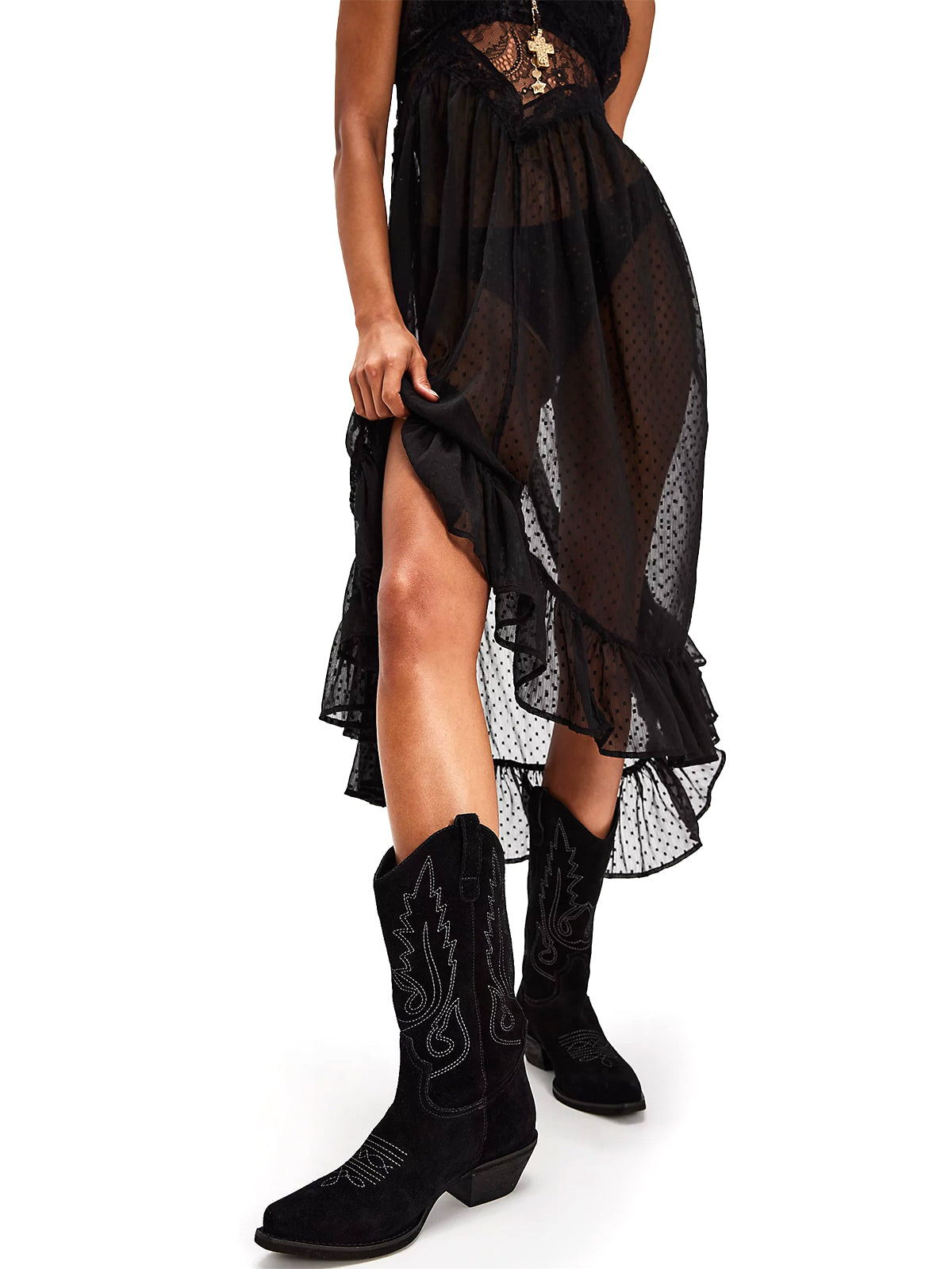 Black Faux Suede Snip-Toe Classic Stitch Mid Calf Cowgirl Boots