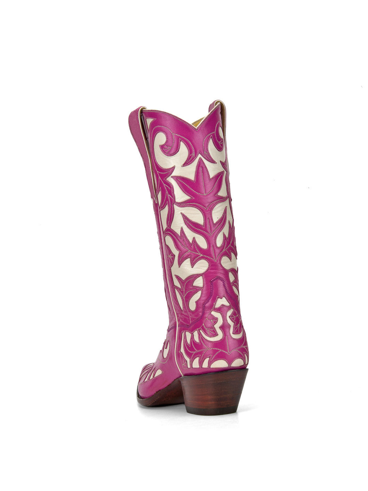 Contrast Pink And White Snip-Toe Decorative Inlay Mid Calf Cowgirl Boots