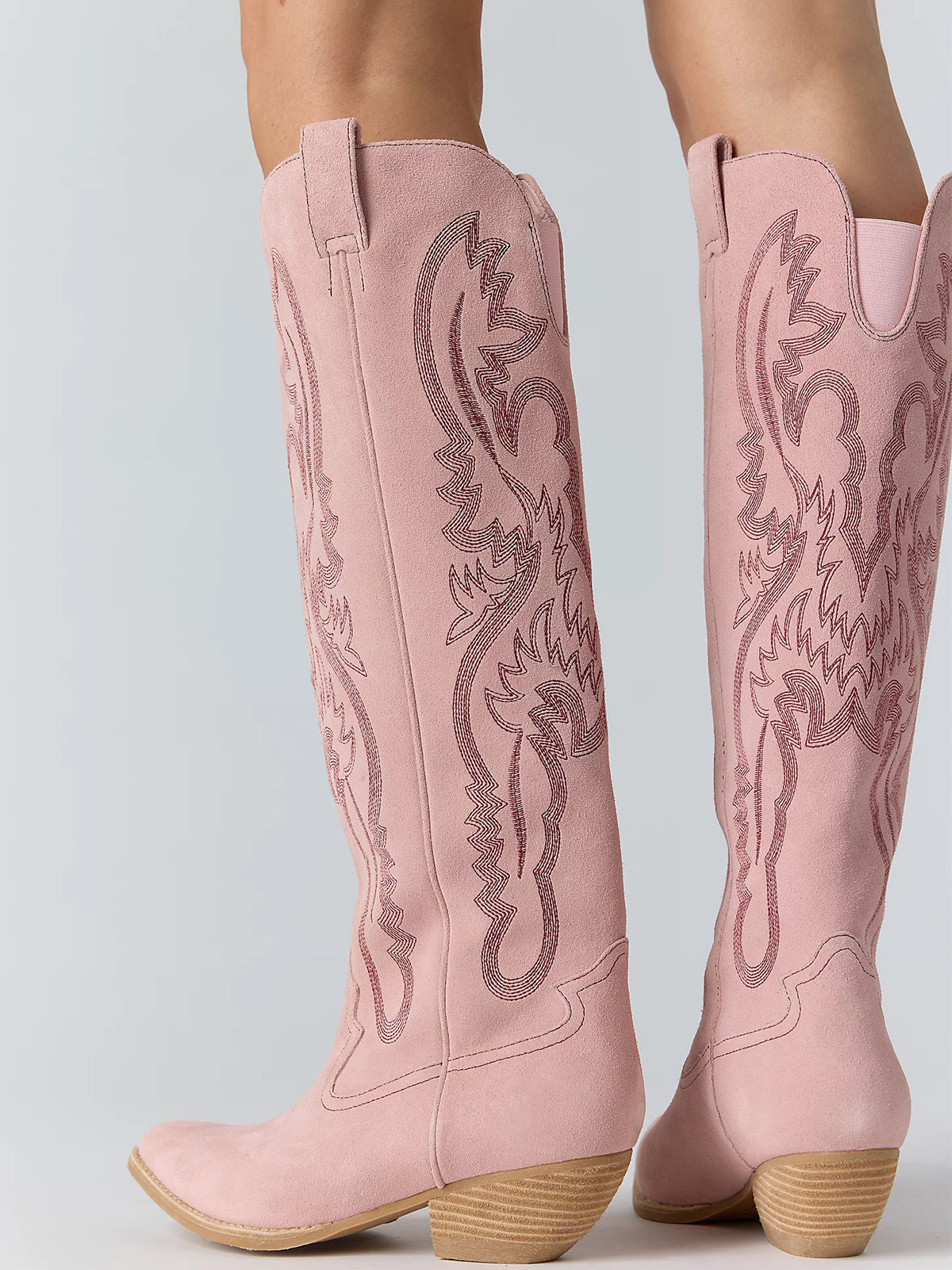 Light Pink Faux Suede Embroidery Pointed-Toe Tall Wide Calf Western Boots For Women