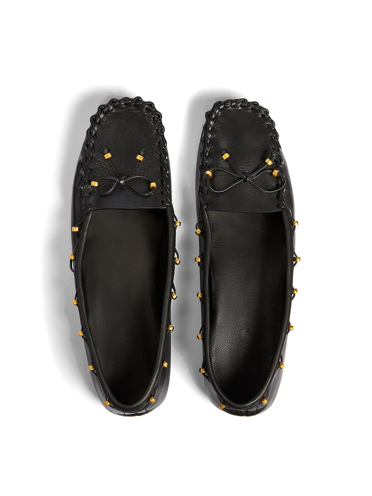 Black Cow Leather Square-Toe Running Stitch And Front Bow Flats