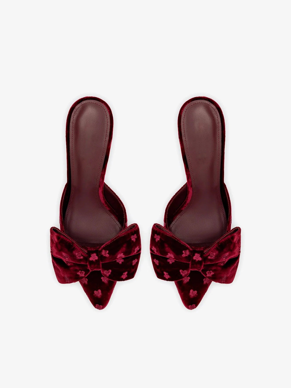 Wine Red Velvet Pointed-Toe Flowers Embroidery Big Front Bow High Heels
