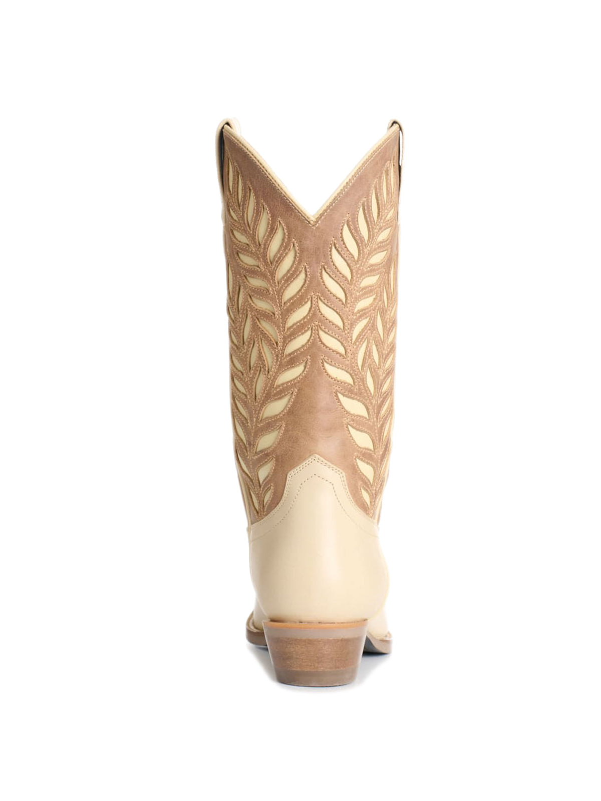 Contrast Bone And Tan Snip-Toe Leaves Inlay Mid Calf Cowgirl Boots