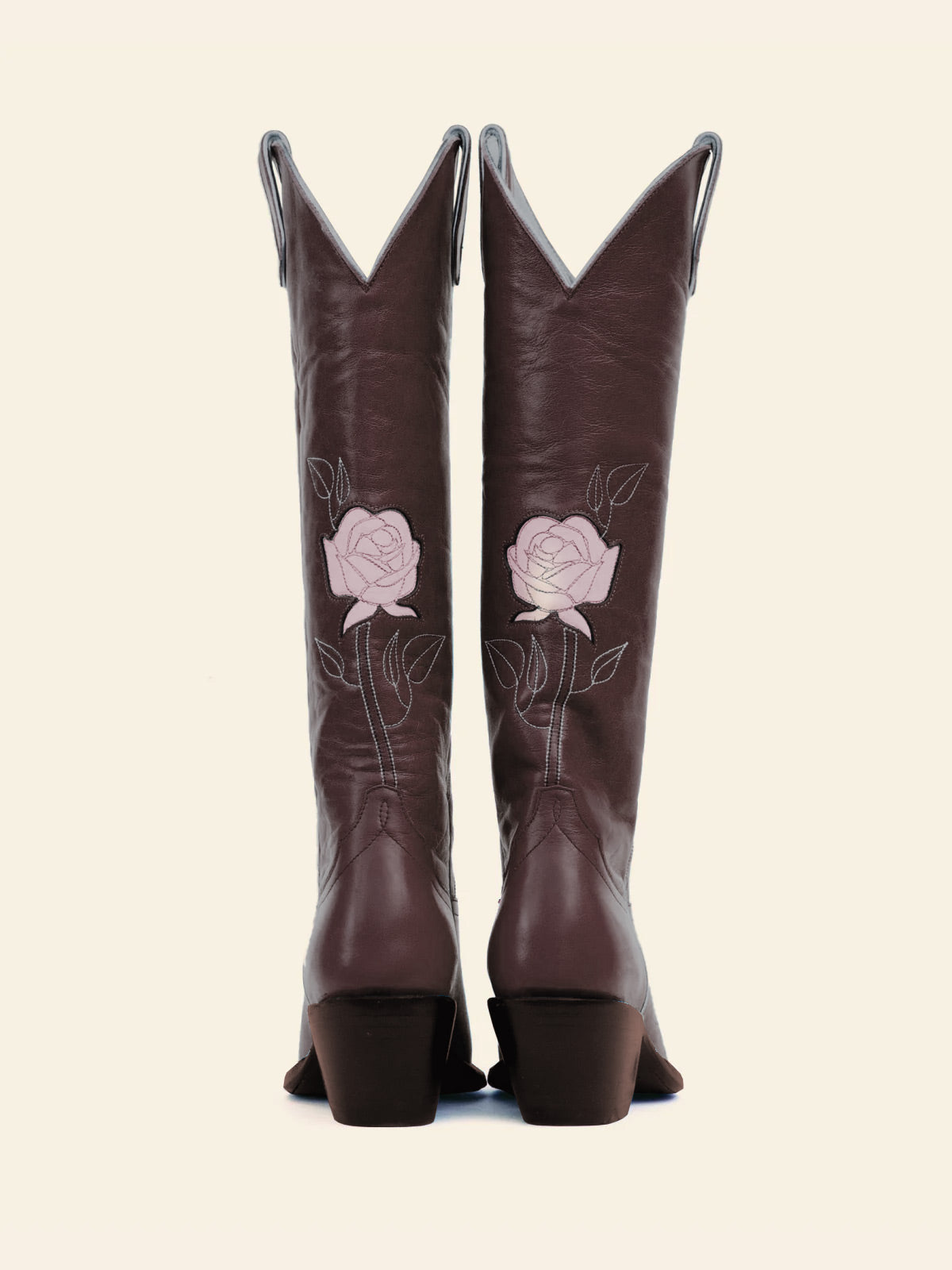 Wine Red Almond-Toe Cowgirl Wide Calf Boots With Pink Rose Inlay