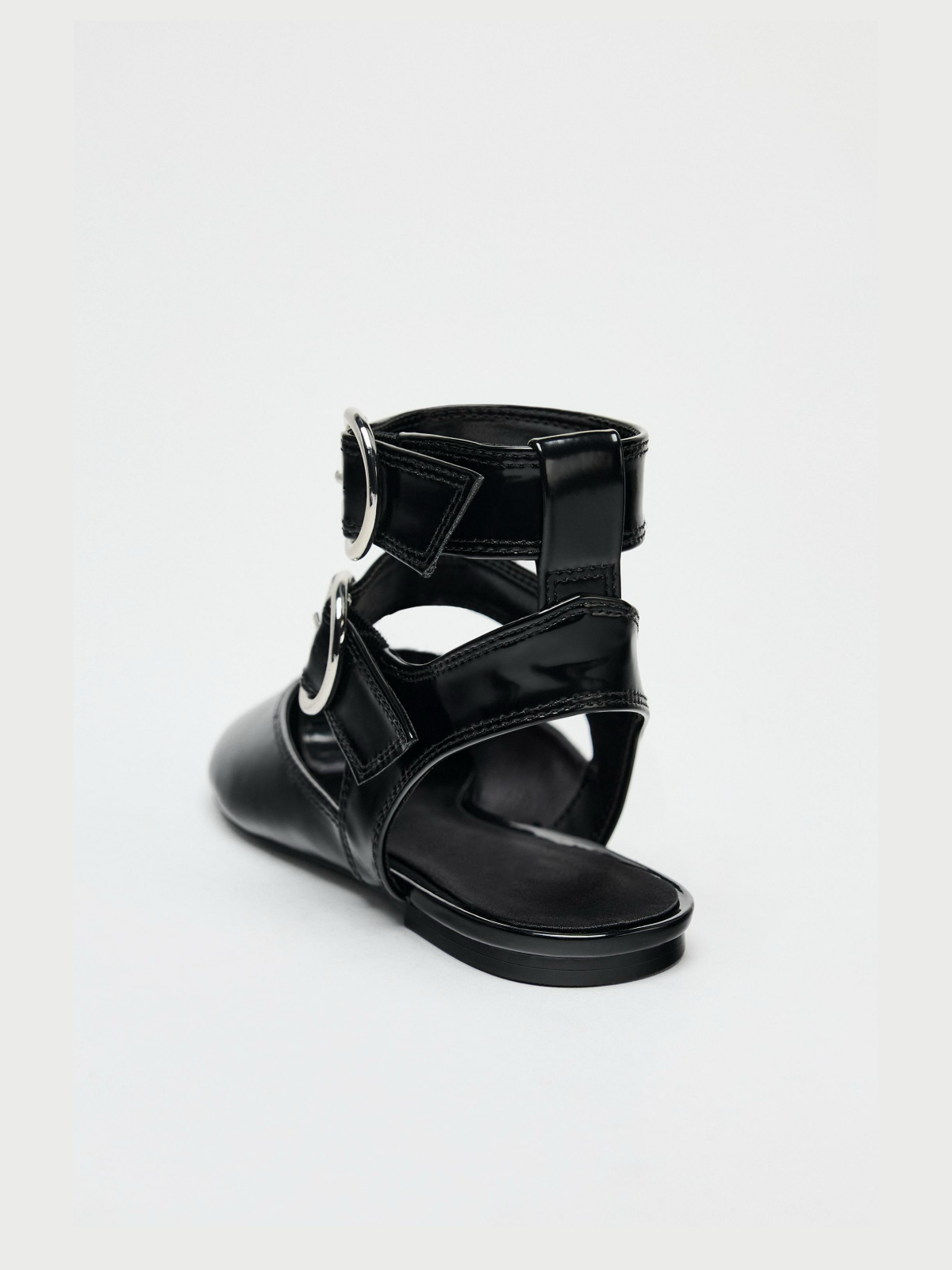 Black Round-Toe Double Ankle Strap Slingback Ballet Flats