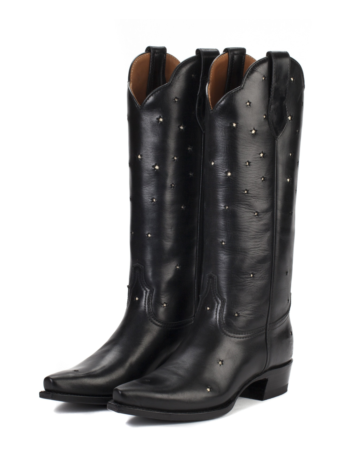 Black Snip-Toe Little Star Inlay Wide Calf Tall Knee High Cowgirl Boots