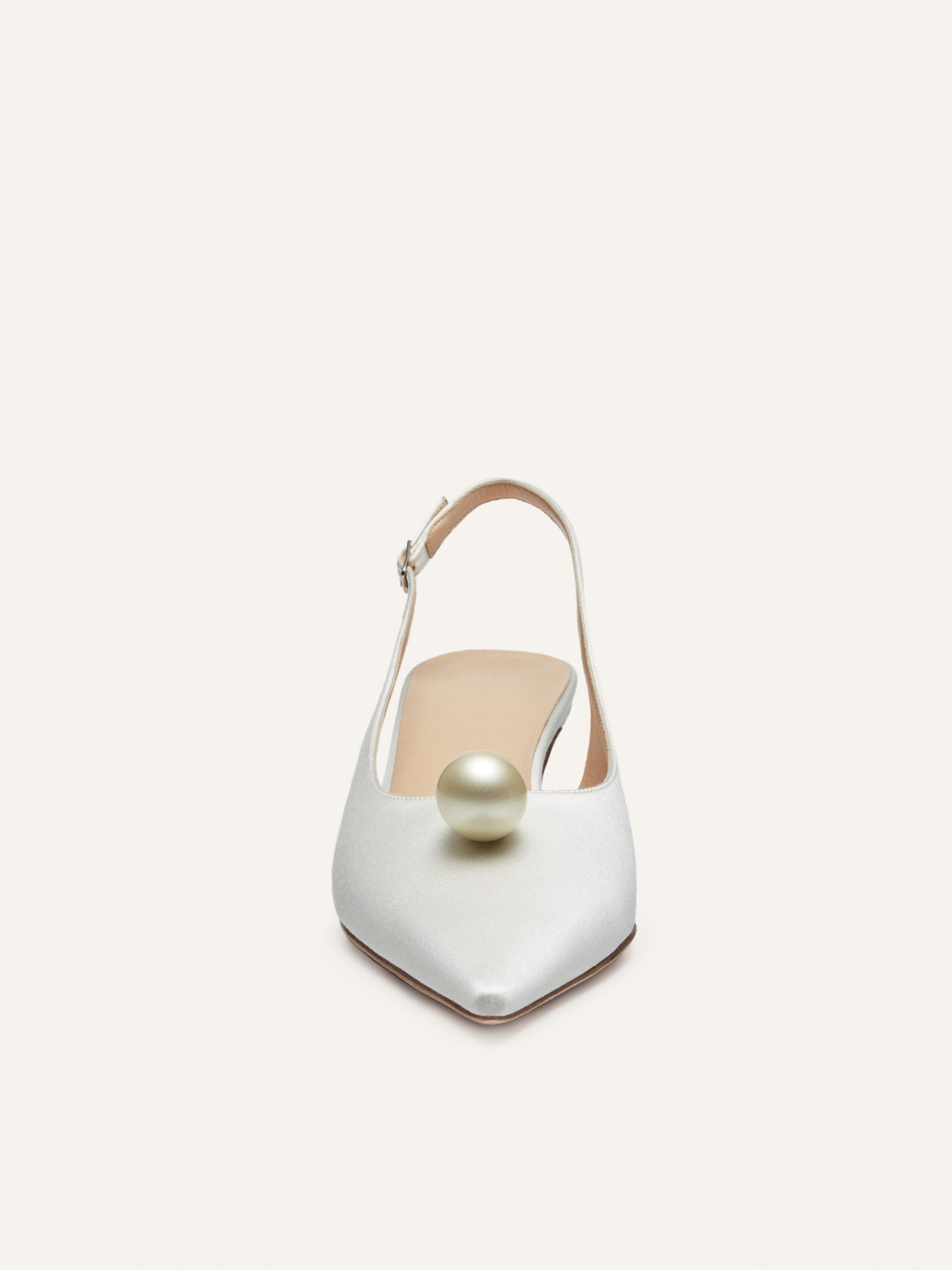 Cream Satin Pointed-Toe Slingback Kitten Heels With One Pearl