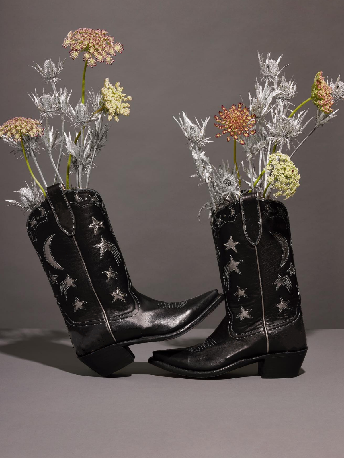 Metallic Moon Star Inlay Applique Mid Calf Cowgirl Boots - Black / Pale Gold