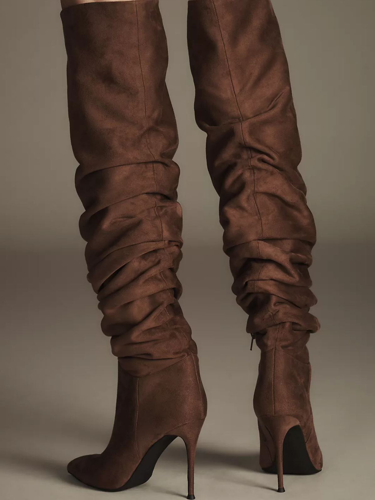 Brown Faux Suede Pointed-Toe Slouchy Half-Zip Over-The-Knee Stiletto Boots