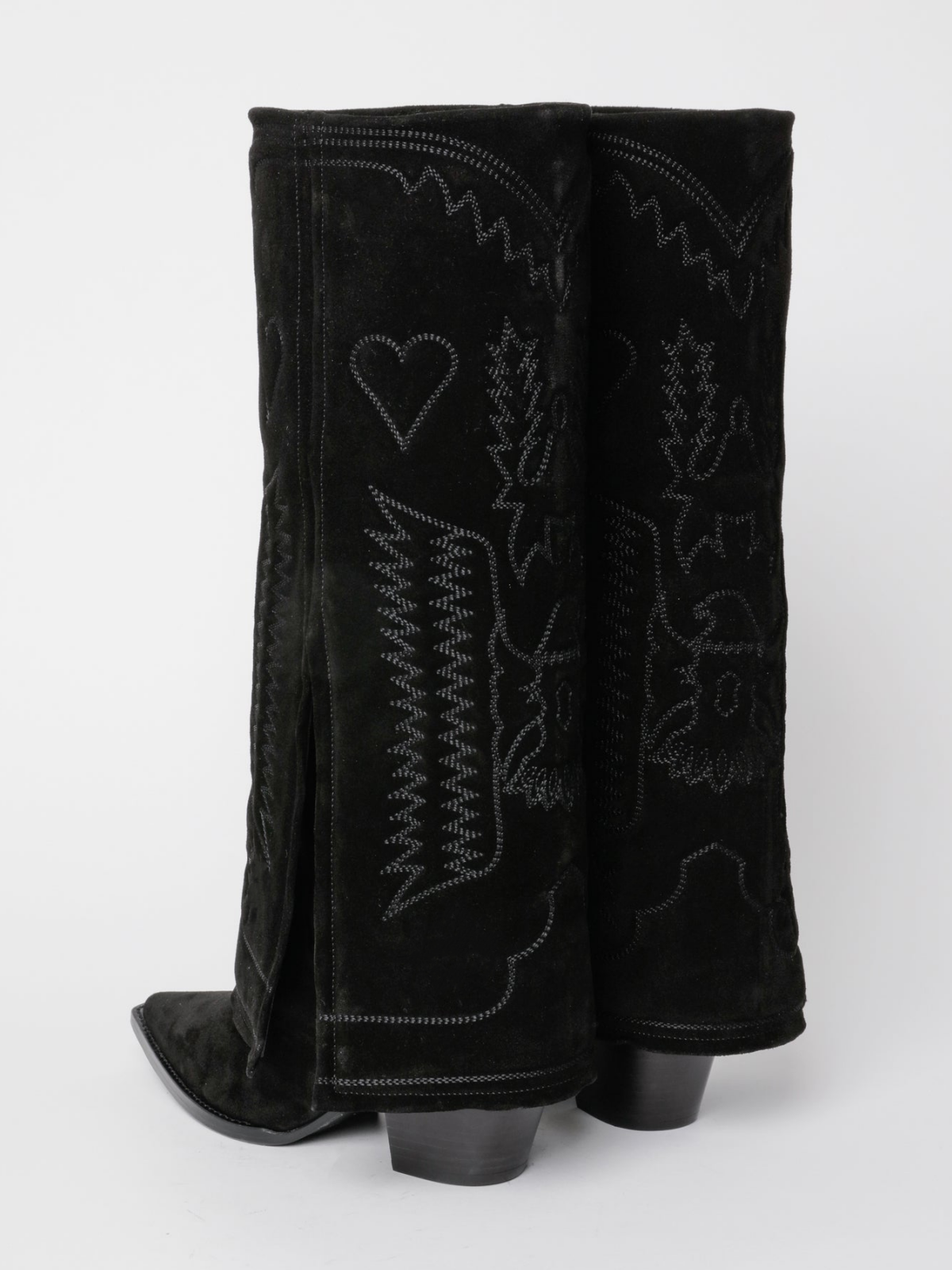 Fold-Over Panel Eagle And Heart Embroidery Snip-Toe Knee High Boots - Black Faux Suede