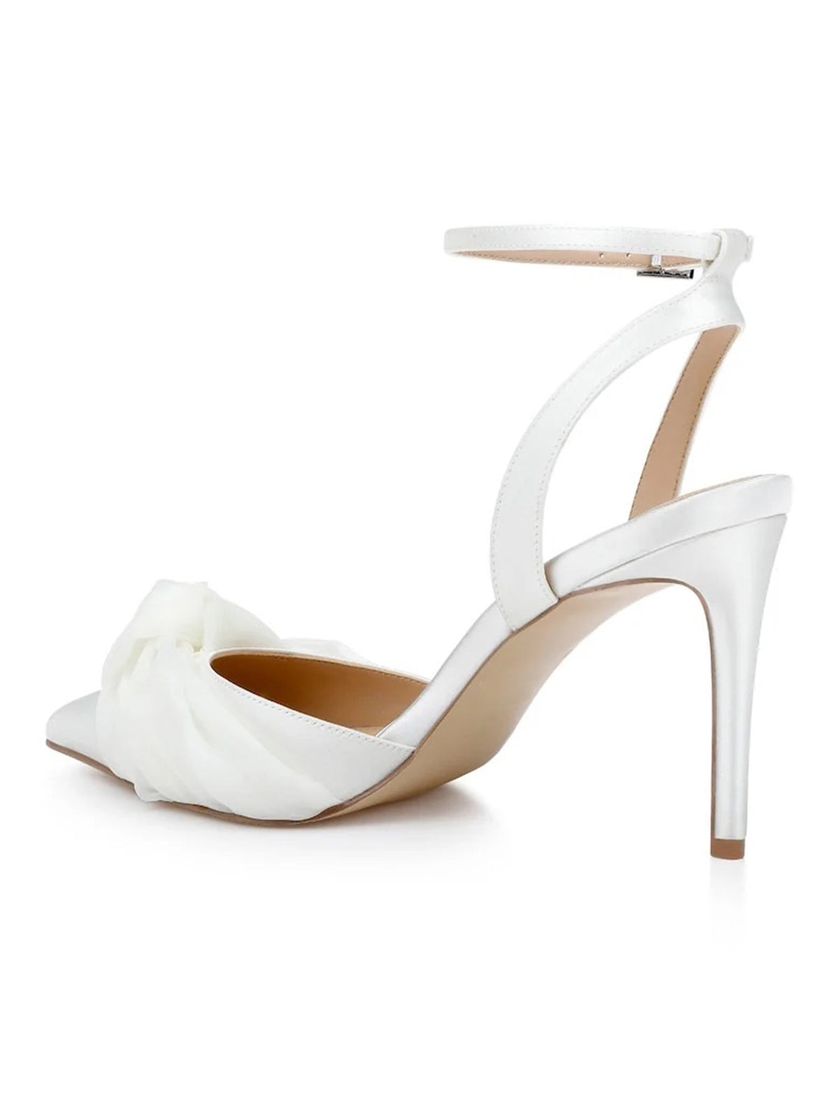 White Satin Pointed-Toe Front Soft Knot Slingback Ankle Strap High Heels