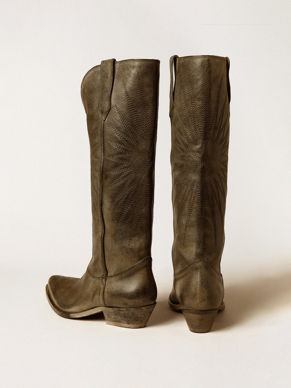 Dark Olive Green Snip-Toe Star Embroidery Wide Calf Knee High Classic Cowgirl Boots