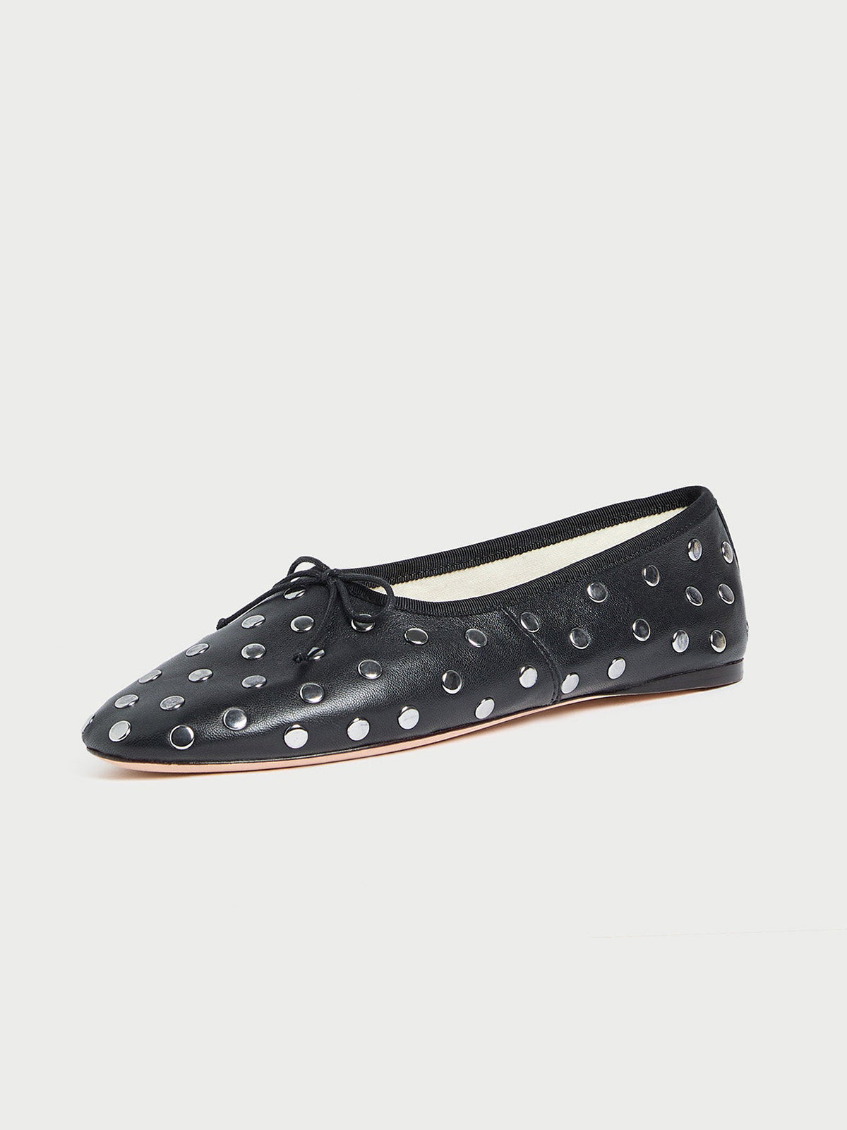 Black Round-Toe Front Bow Ballet Flats With Studs
