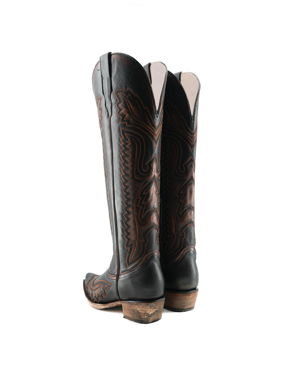 Black Snip-Toe Chic Embroidery Bronze Detail Half-Zip Knee High Cowgirl Boots