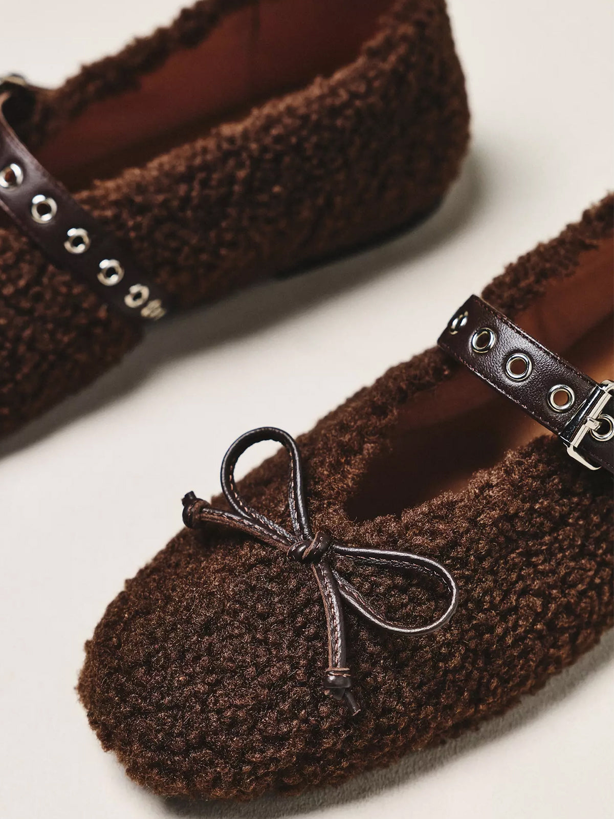 Chocolate Plush Square-Toe Front Bow Mary Jane Ballet Flats