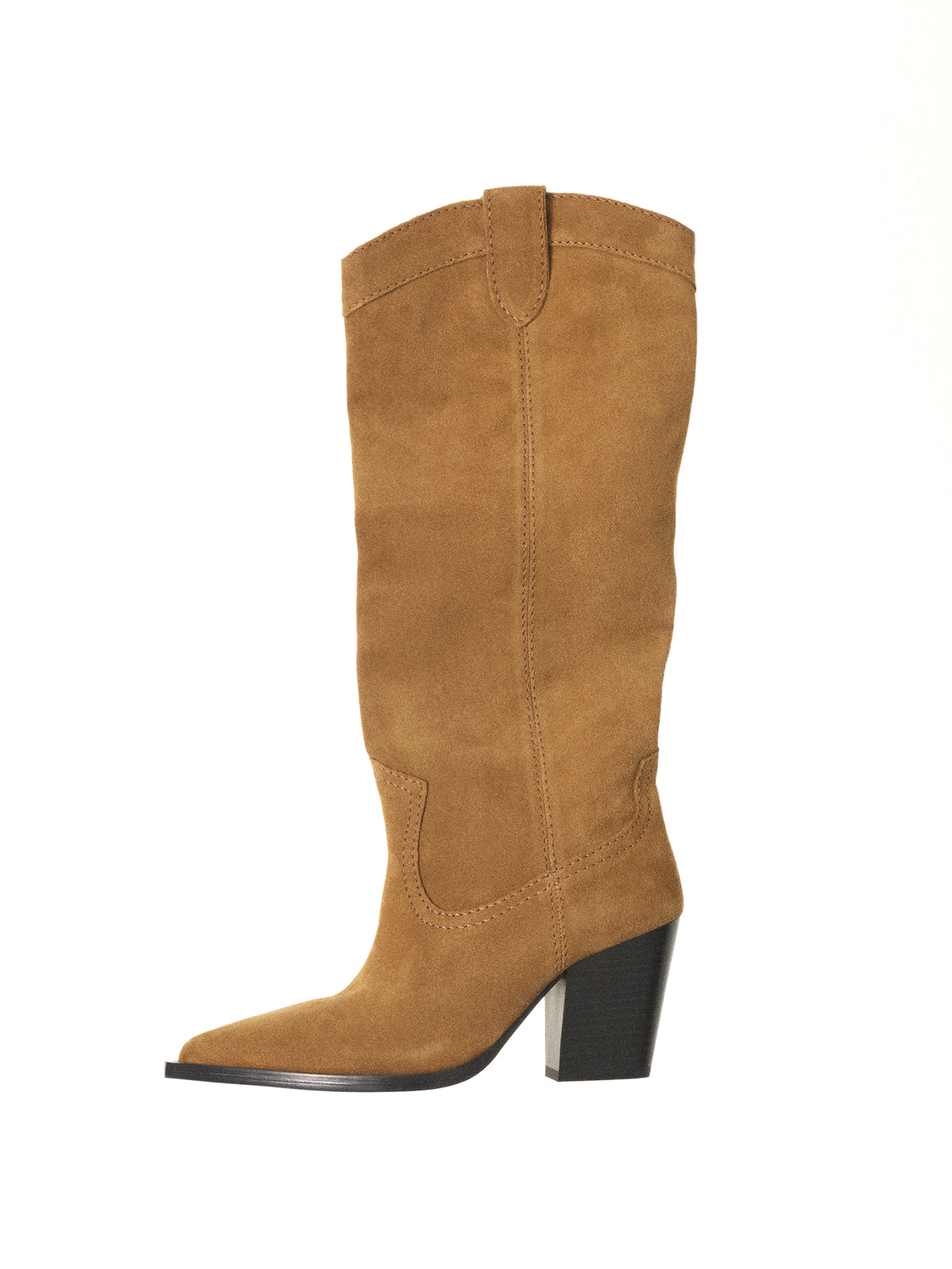 Brown Faux Suede Pointed-Toe Knee High Simple Wide Calf Cowgirl Boots