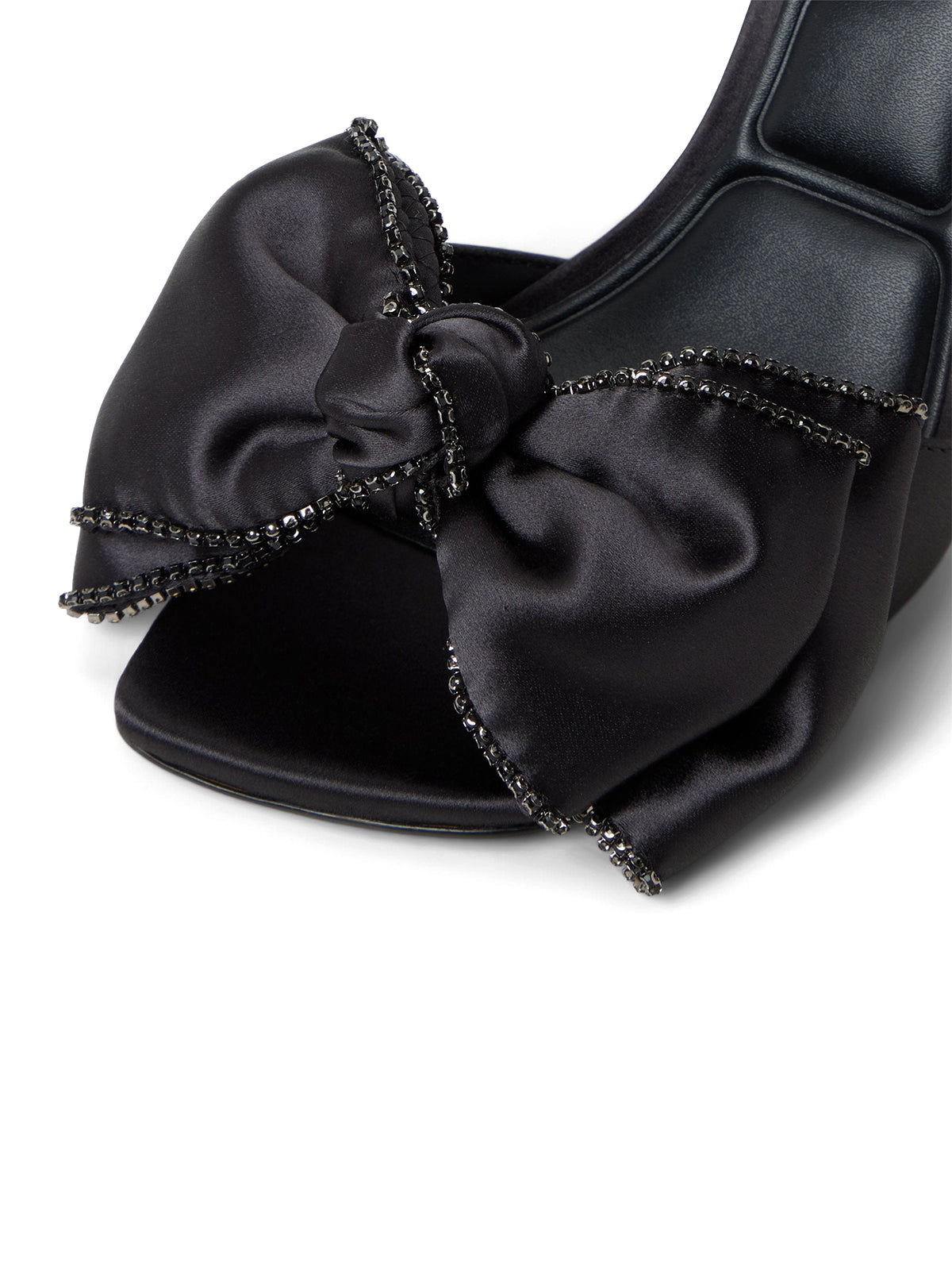 Black Satin Square-Toe Front Bow Slingback Ankle Strap High Heels