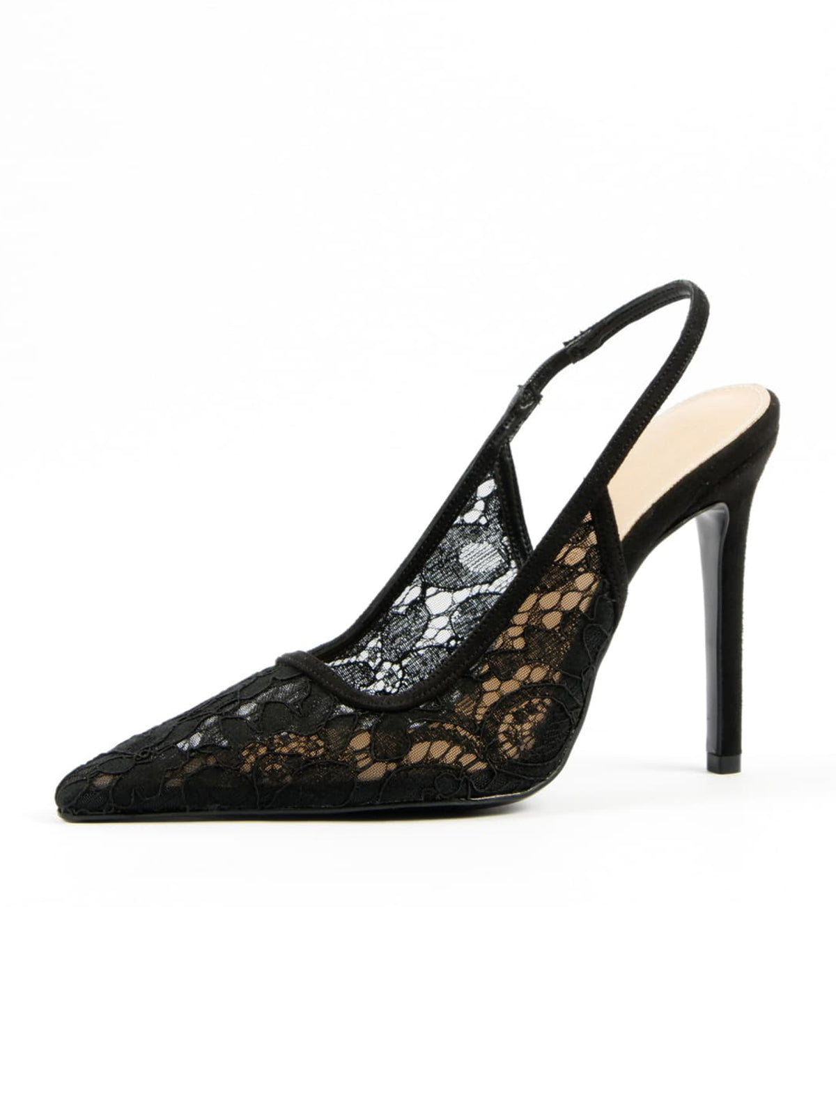 Black Lace Mesh Pointed-Toe Chic Back Strap Pumps High Heels