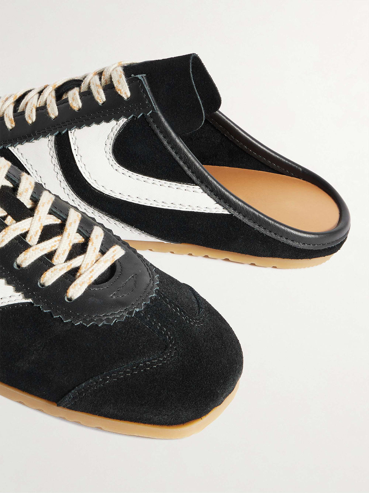Black Faux Suede And Vegan Leather Square-Toe Lace-Up Sneakers Flats