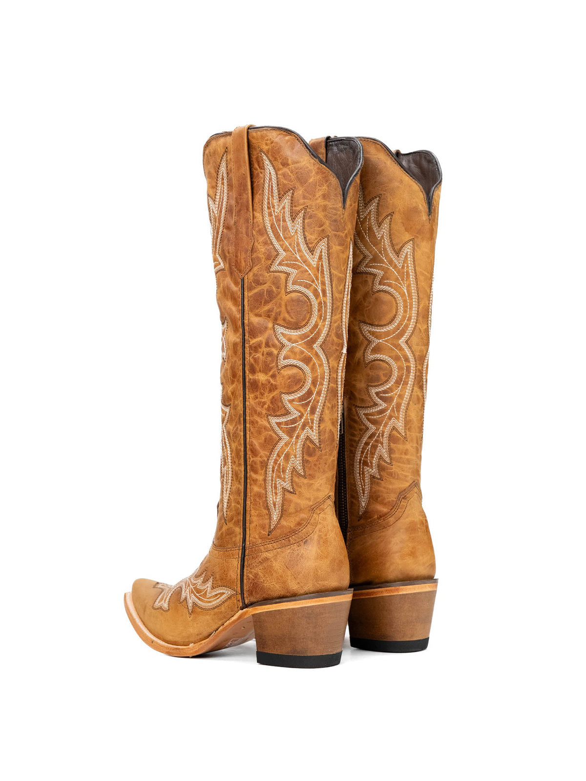 Distressed Tan Snip-Toe Half-Zip Classic Embroidery Knee High Tall Cowgirl Boots