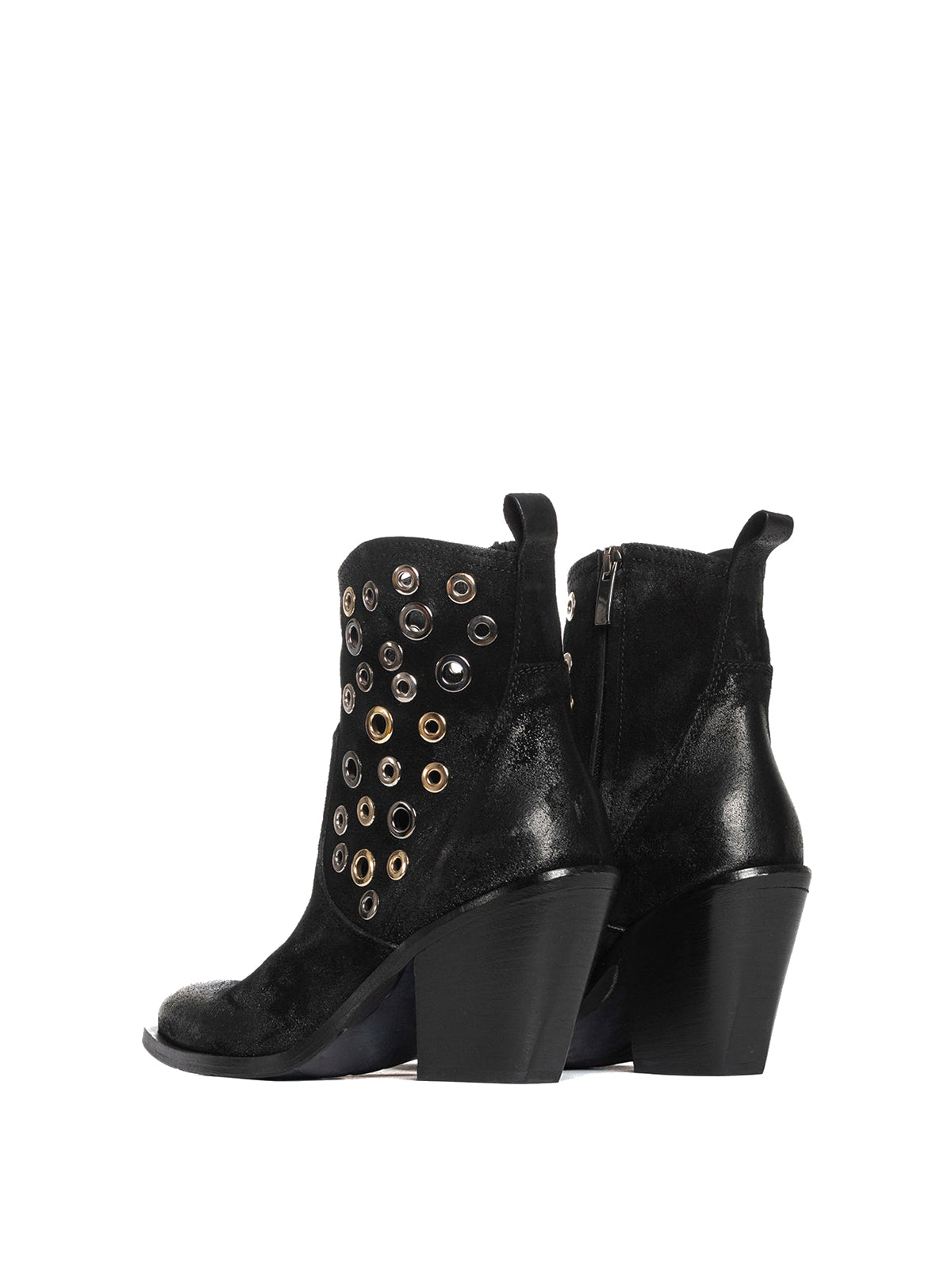 Black Faux Suede Snip-Toe Eyelets Full-Zip Ankle Cowgirl Boots