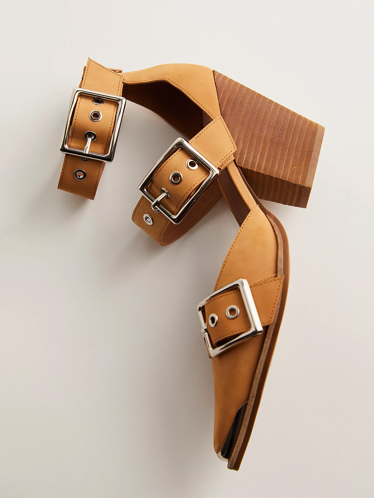 Pointed-Toe Three Buckled Straps Back Zip Chunky High Heels - Camel