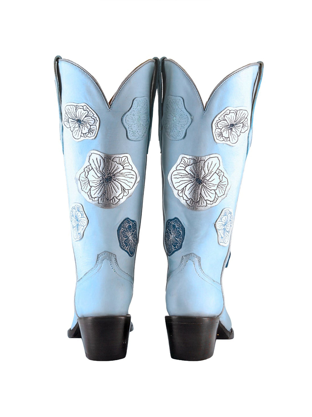 Sky Blue Snip-Toe Flowers Applique Chic Mid Calf Cowgirl Boots