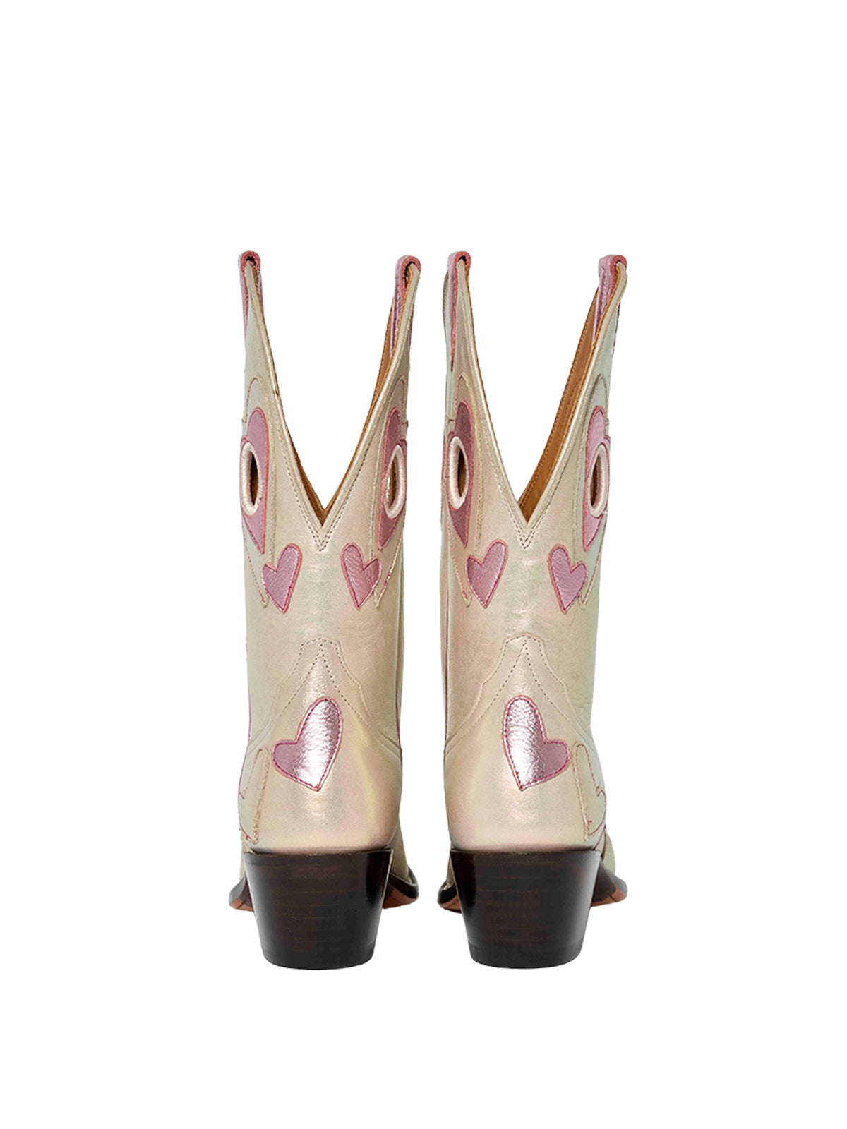 Metallic Light Pink Snip-Toe Colorful Heart Applique Cutout Mid Calf Cowgirl Boots