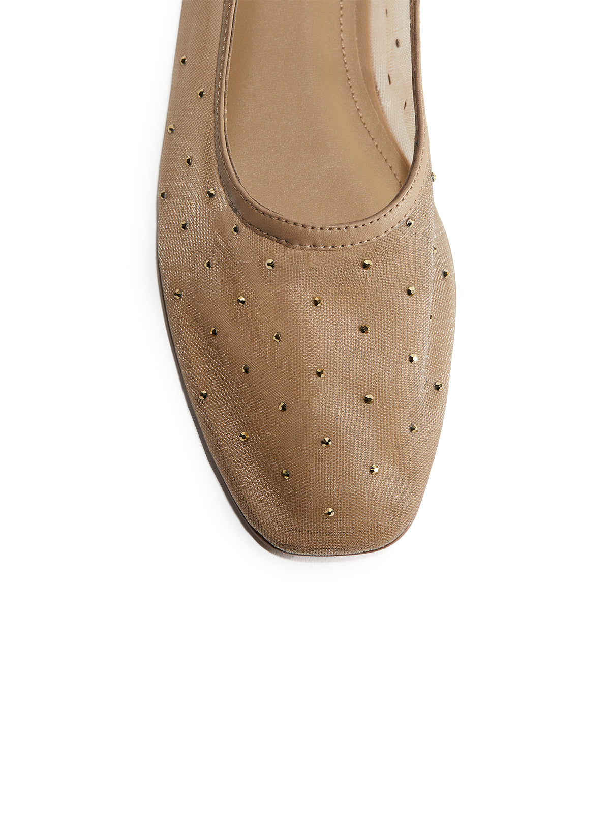 Rhinestone Mesh Square-Toe Ballet Flats - Beige