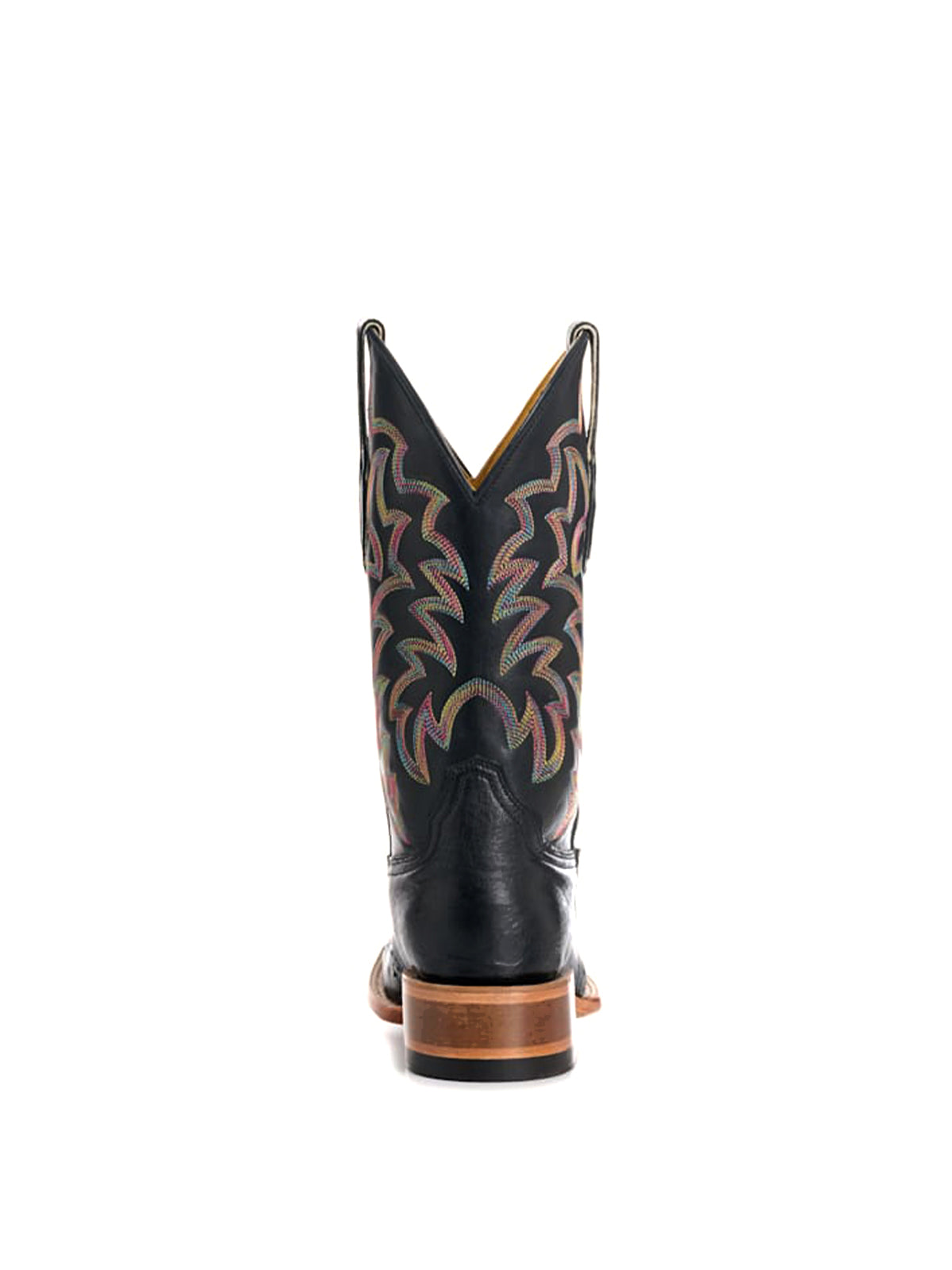 Black Contrast Vegan Leather And Ostrich Print Square-Toe Embroidery Mid Calf Cowgirl Boots