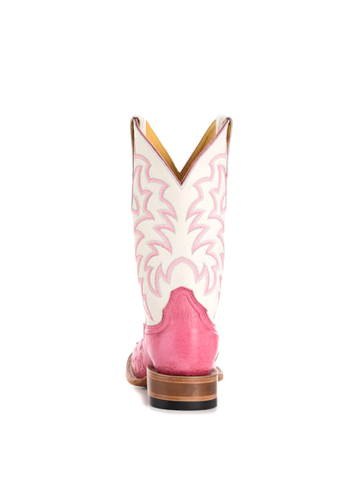 Contrast White And Pink Ostrich Print Square-Toe Embroidery Mid Calf Cowgirl Boots