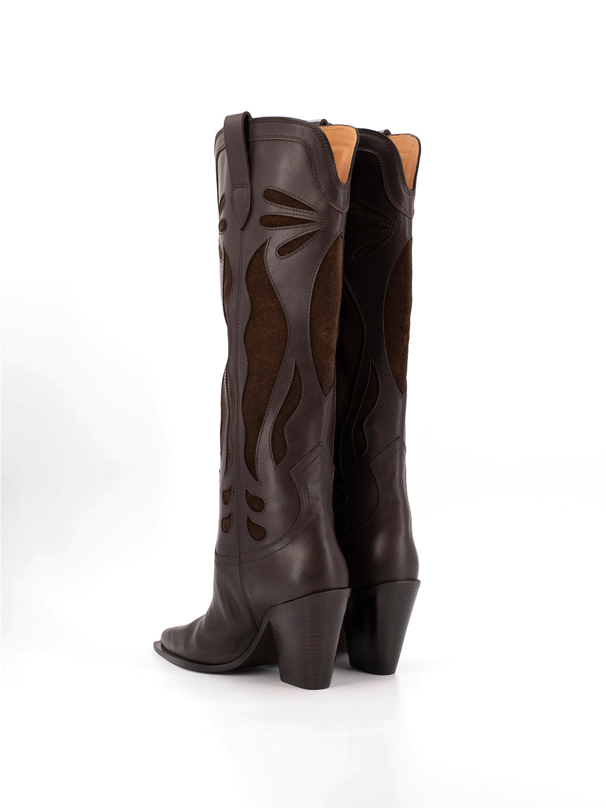 Dark Brown Pointed-Toe Inlays Knee High Tall Wide Calf Cowgirl Boots