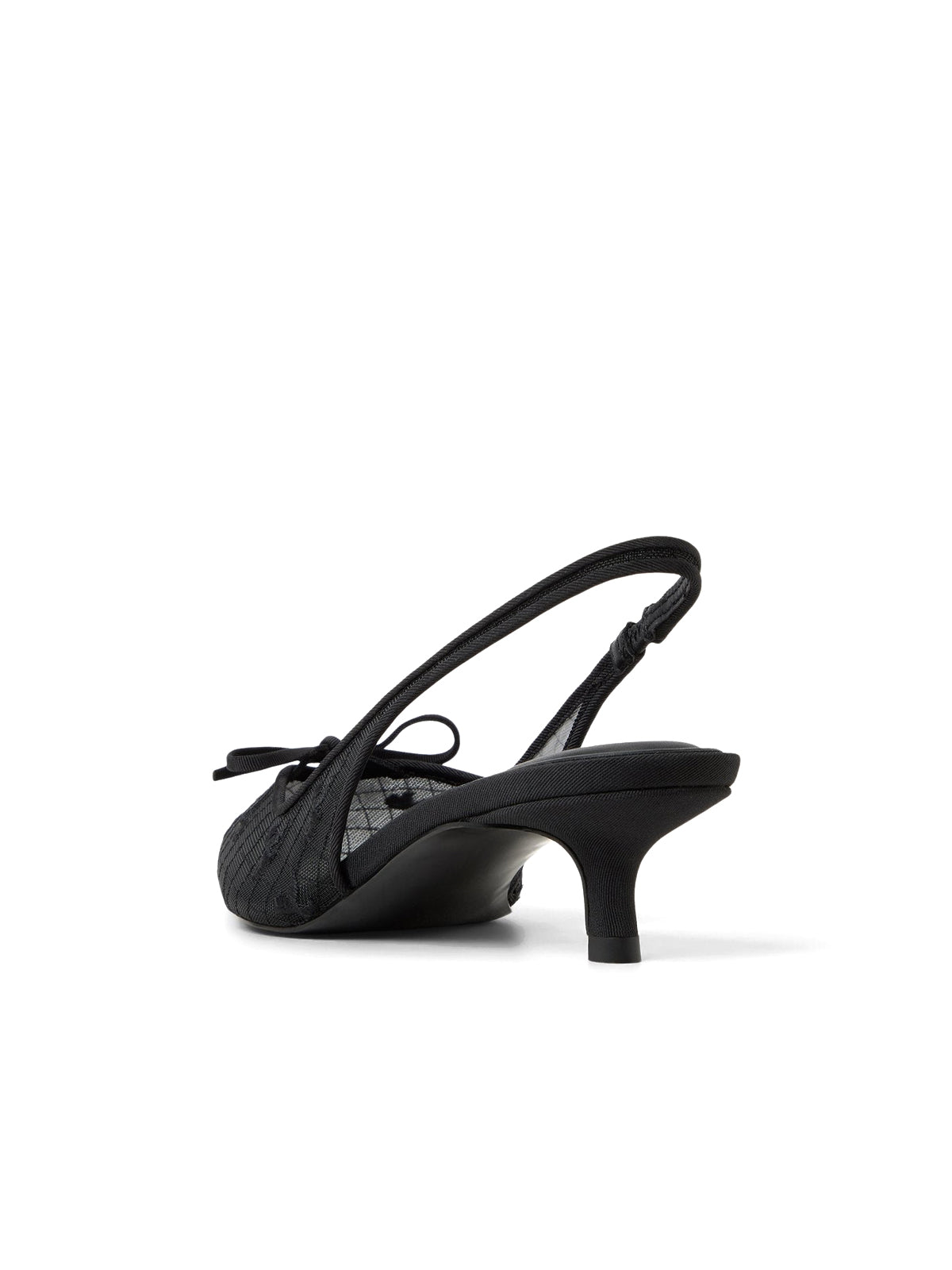 Black Mesh Pointed-Toe Front Bow And Bow Embroidery Slingback Kitten Heels