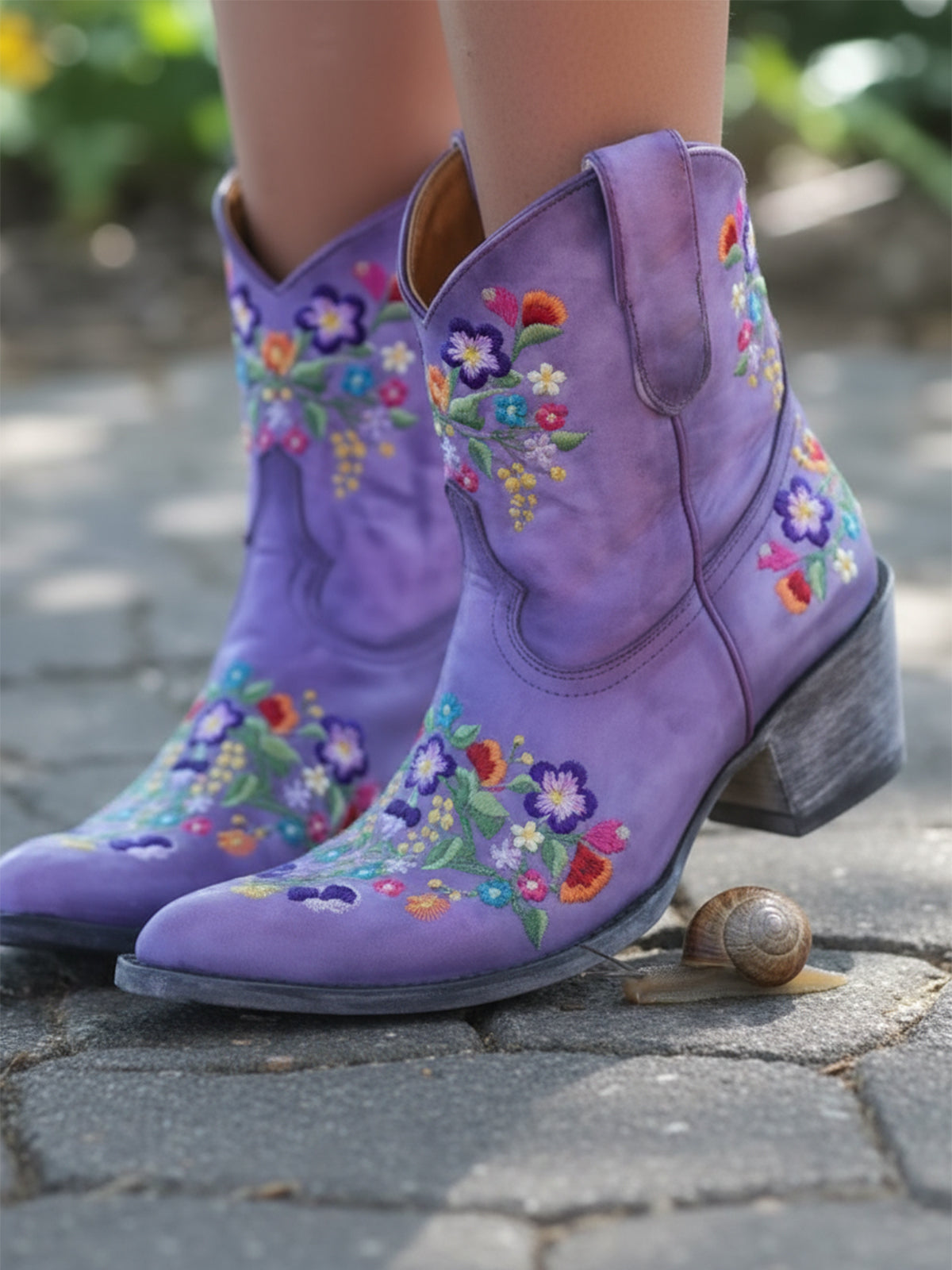 Violet Purple Round-Toe Colorful Florals Ankle Cowgirl Boots