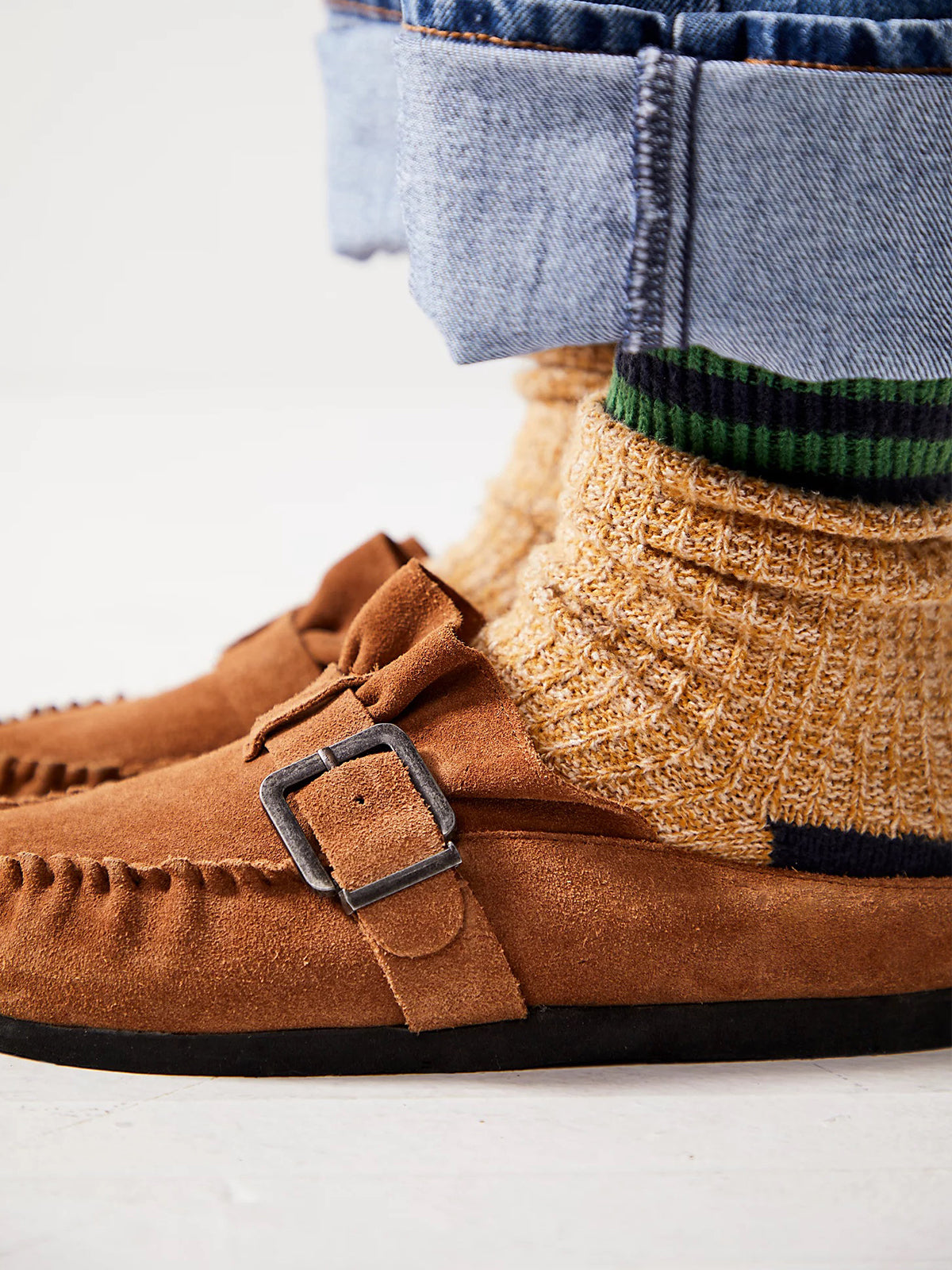 Saddle Faux Suede Round-Toe Buckle Strap Backless Mules Flats