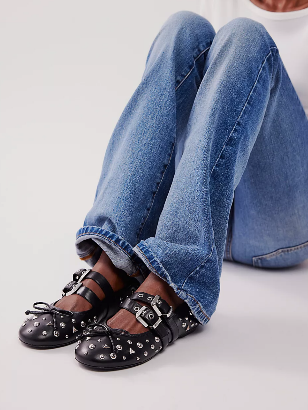 Black Bow Studded Ballet Flats Mary Janes With Grommet Buckled Strap ...