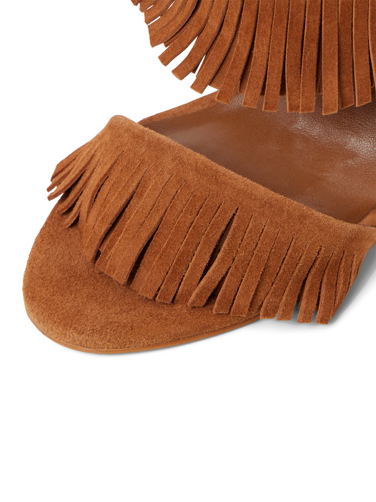 Brown Faux Suede Open Round-Toe Fringe High Heels