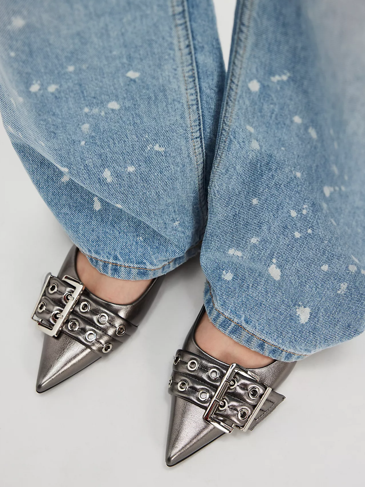 Metallic Pewter Pointed-Toe Double Grommet-Buckle Straps Slingback Flats