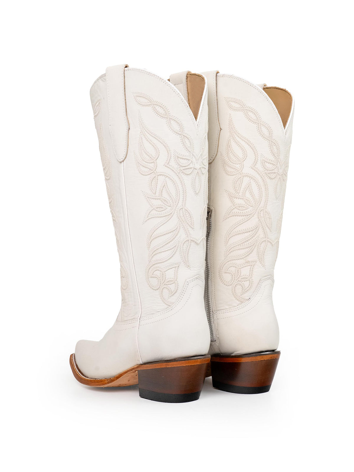 Snip-Toe Sleek Embroidery Half-Zip Knee High Cowgirl Boots For Woman - Ivory