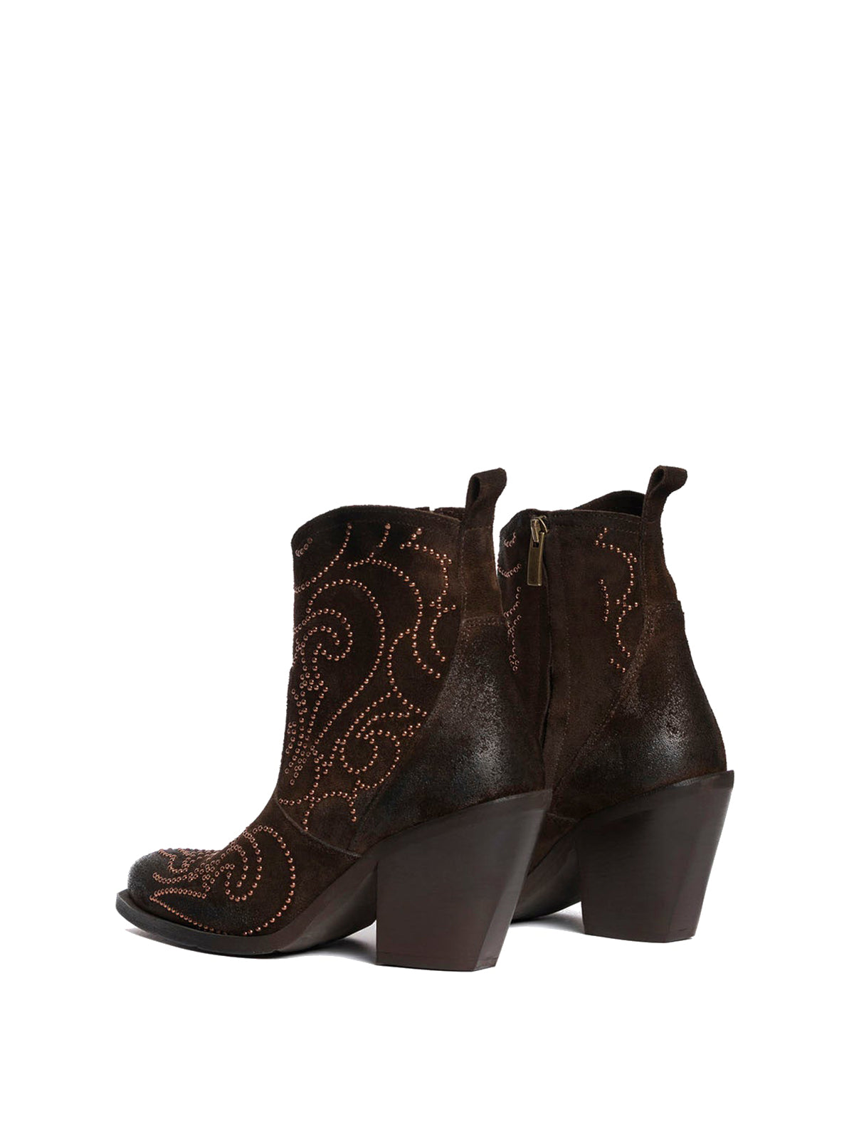 Dark Brown Faux Suede Snip-Toe Studded Full-Zip Ankle Cowgirl Boots
