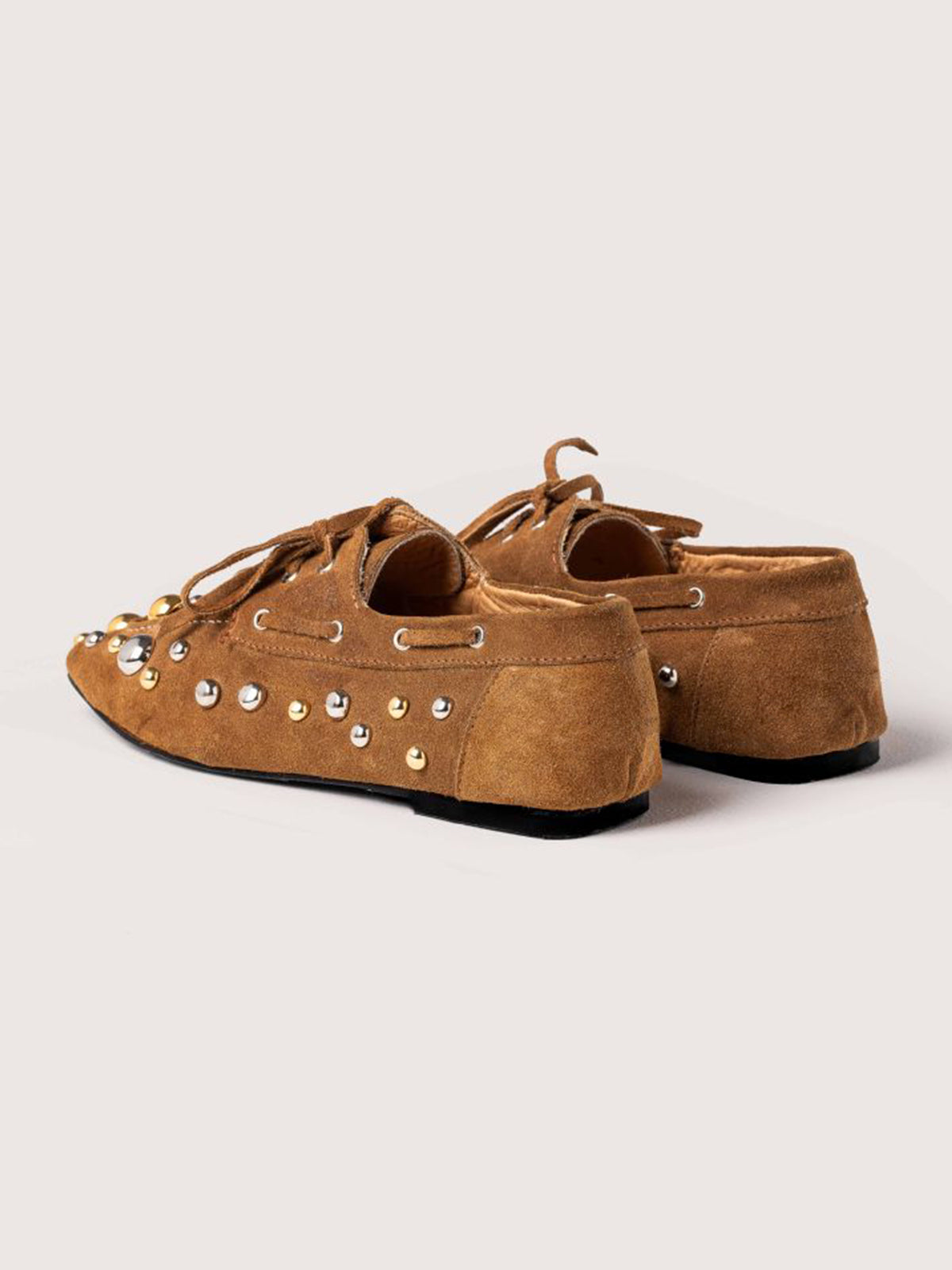 Brown Cow Suede Square-Toe Studs And Bow Flats
