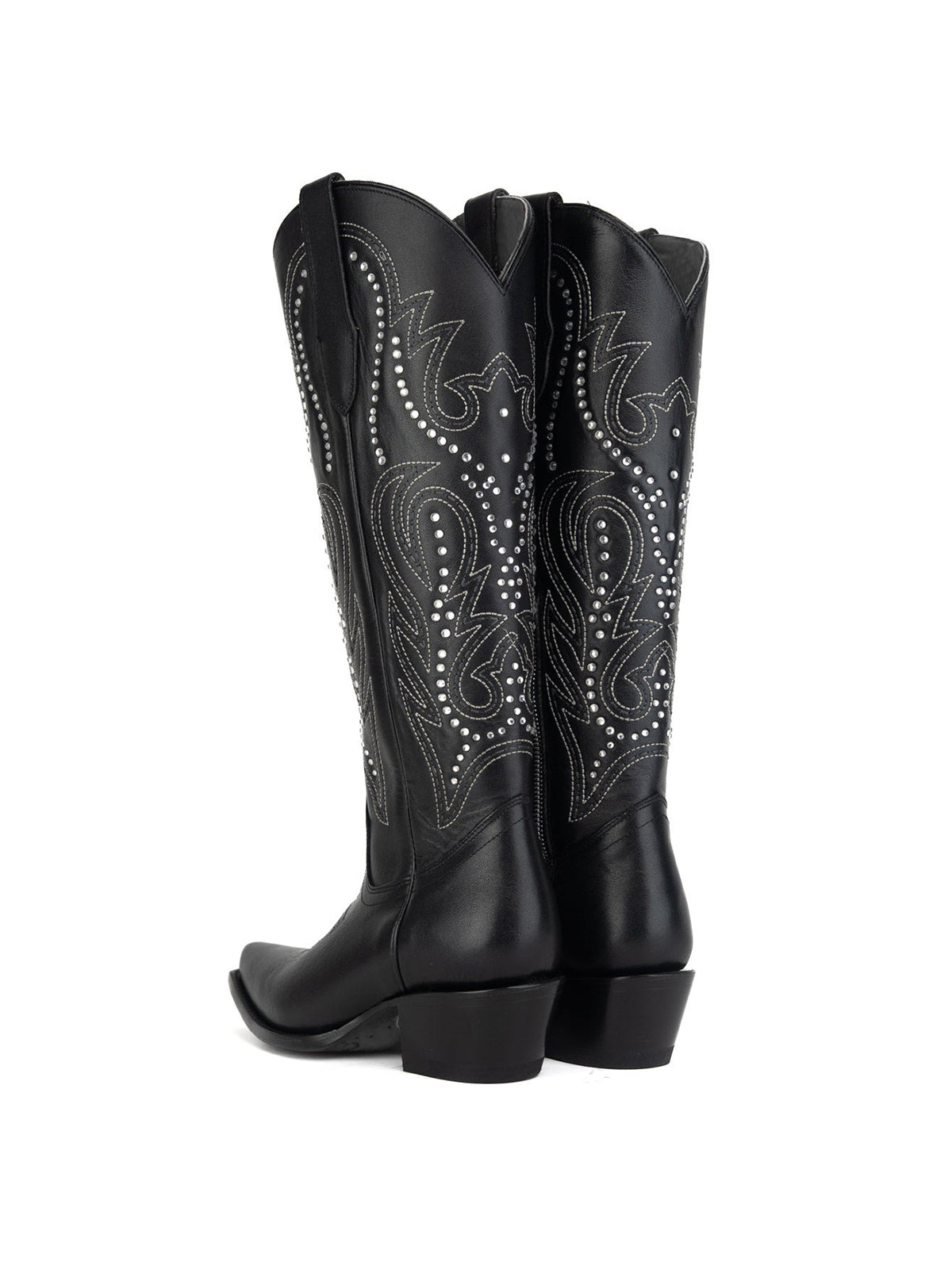 Black Snip-Toe Studs And Embroidery Half-Zip Knee High Cowgirl Boots